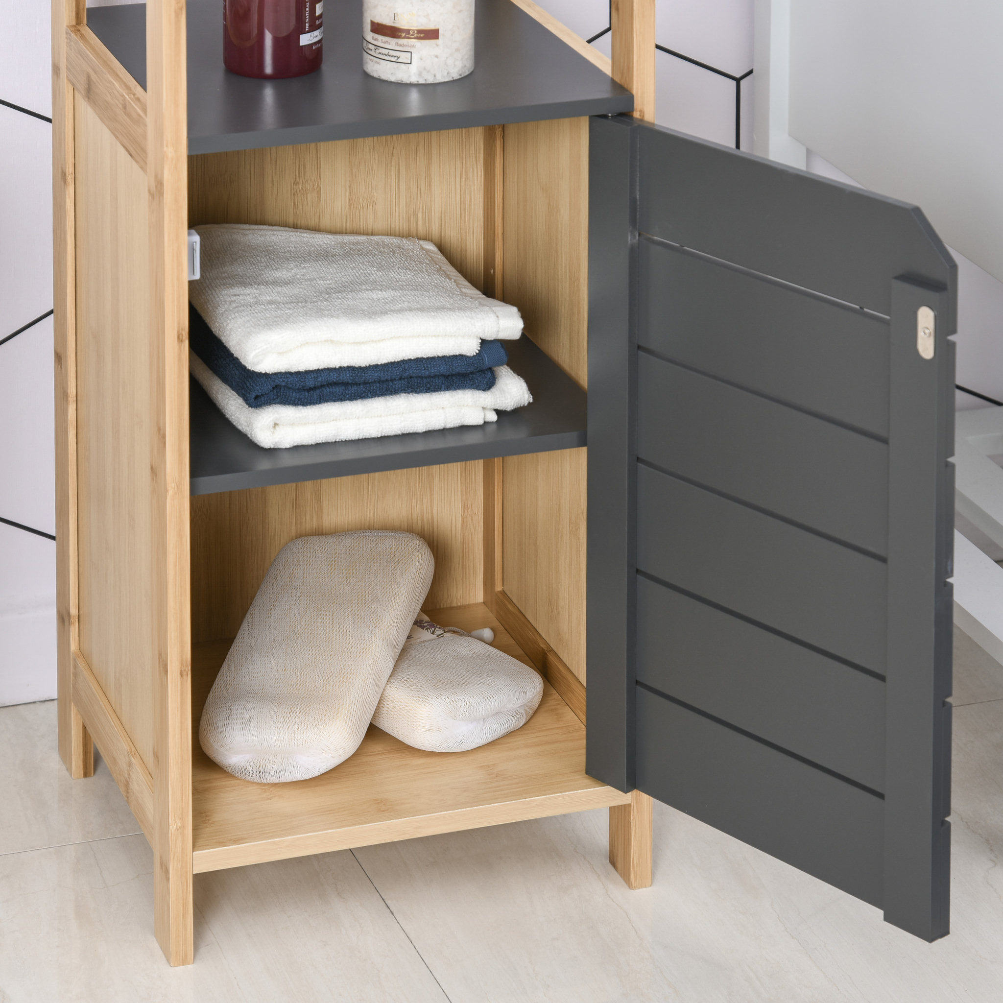 Voir la diapositive 6 : HOMCOM Meuble colonne rangement salle de bain style cosy dim. 32L x 30l x 80H cm porte étagères niche bambou gris