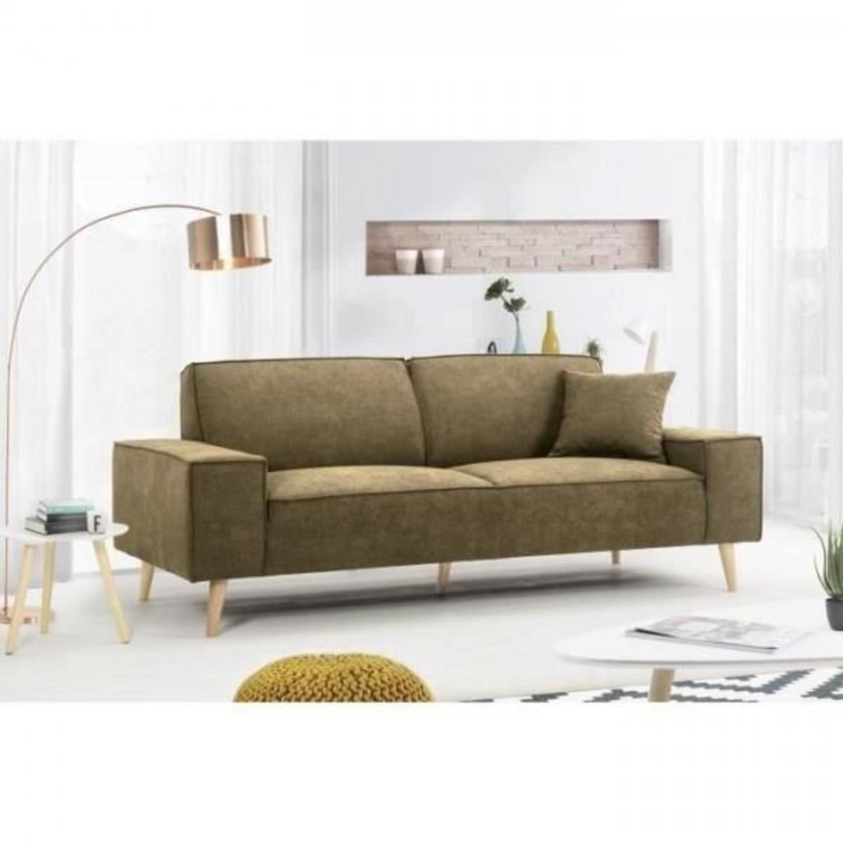 MARKET24 Hexagone - Canapé droit 3 places - Tissu Olive - L 216 x P 90 x H 80 cm - Gustave