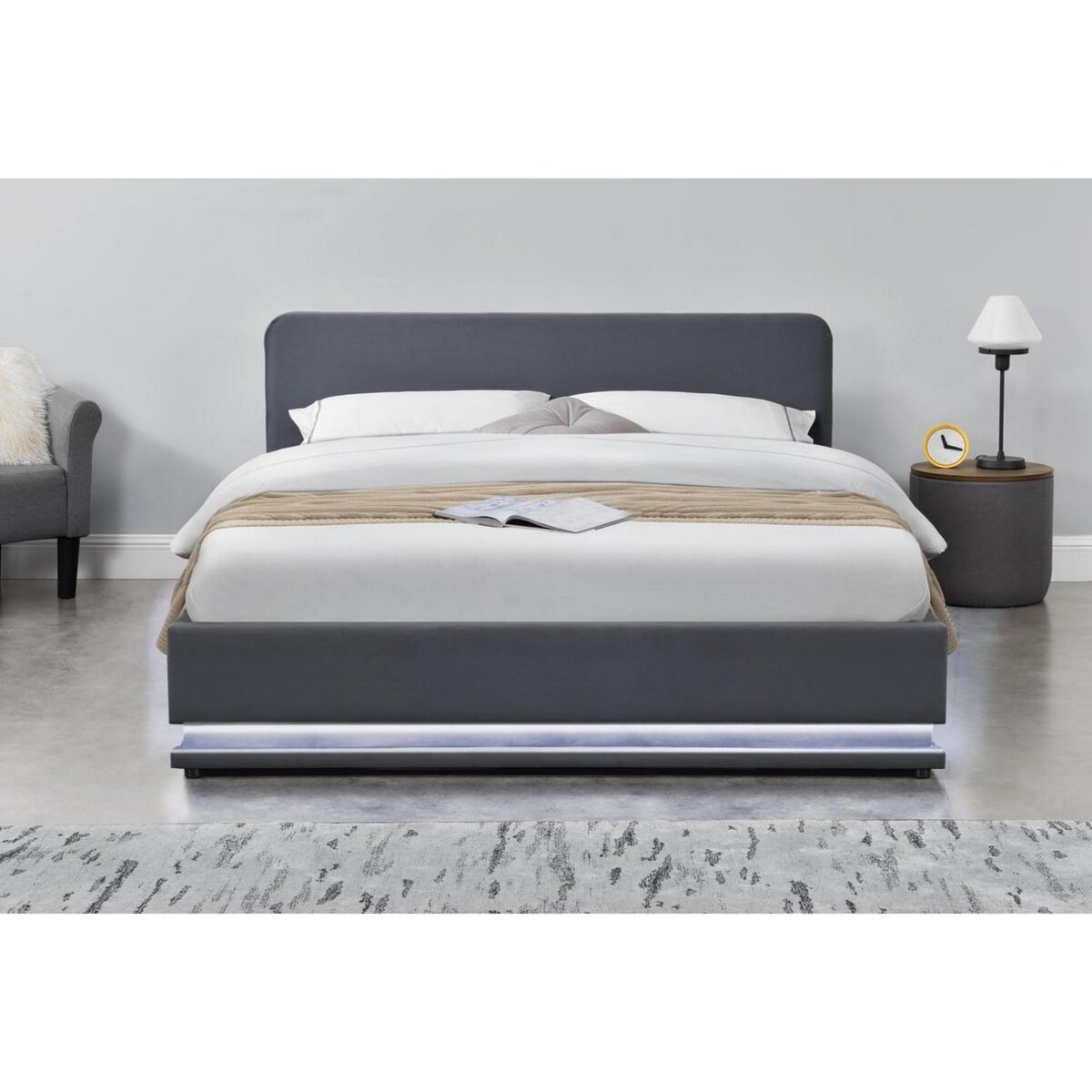 CONCEPT USINE Structure de lit avec LED 140 x 190 cm en velours gris NEWYORK