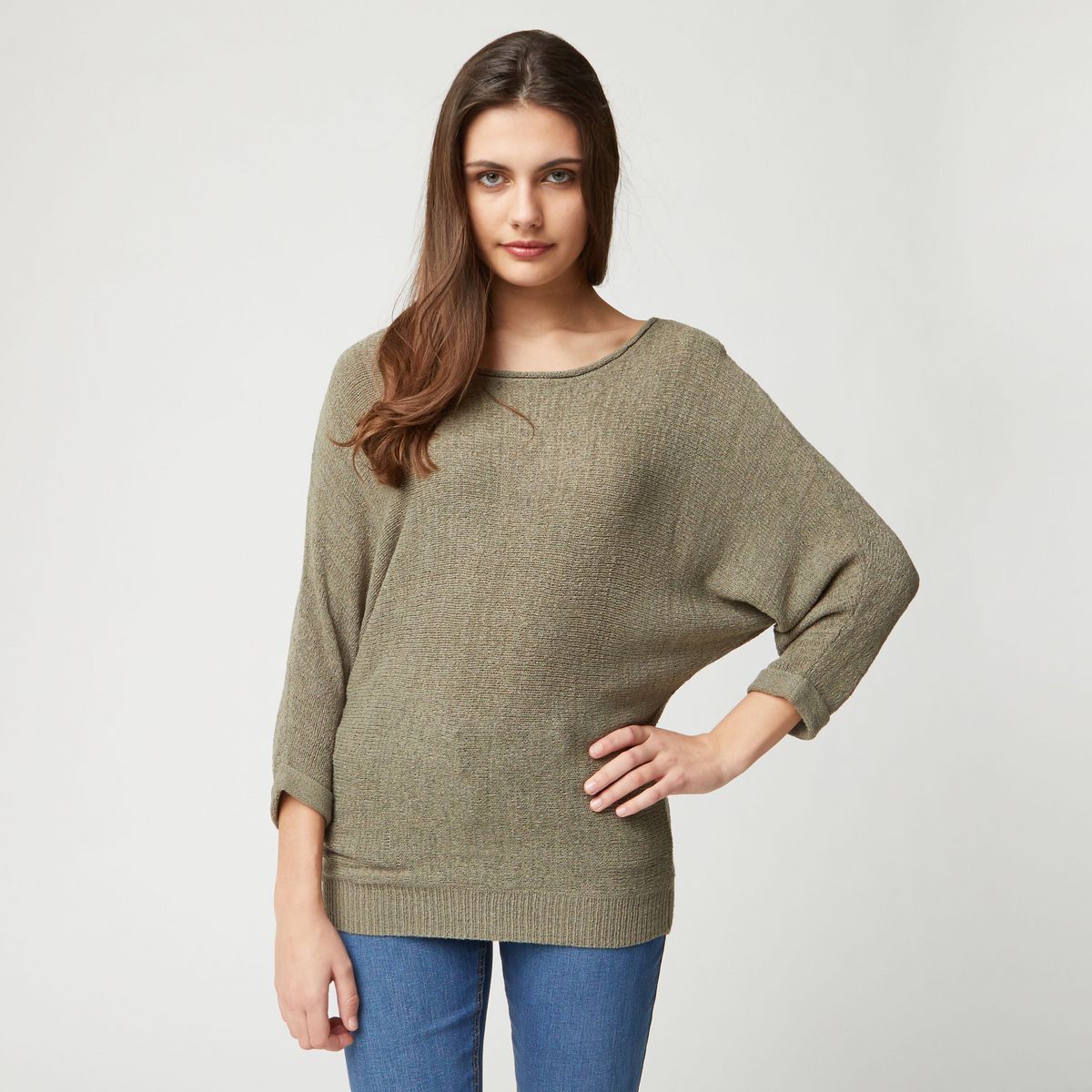 IN EXTENSO Pull évasé manches 3/4 vert kaki femme