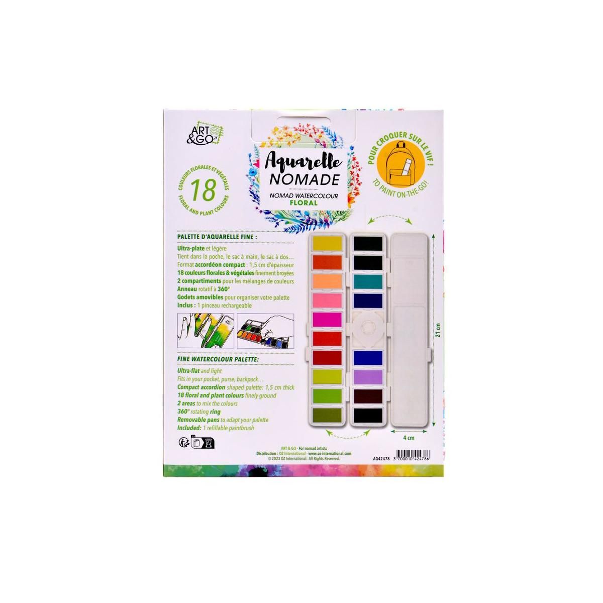 Oz International ART  and  GO Palette Aquarelle Accordéon - 18 couleurs FLORAL