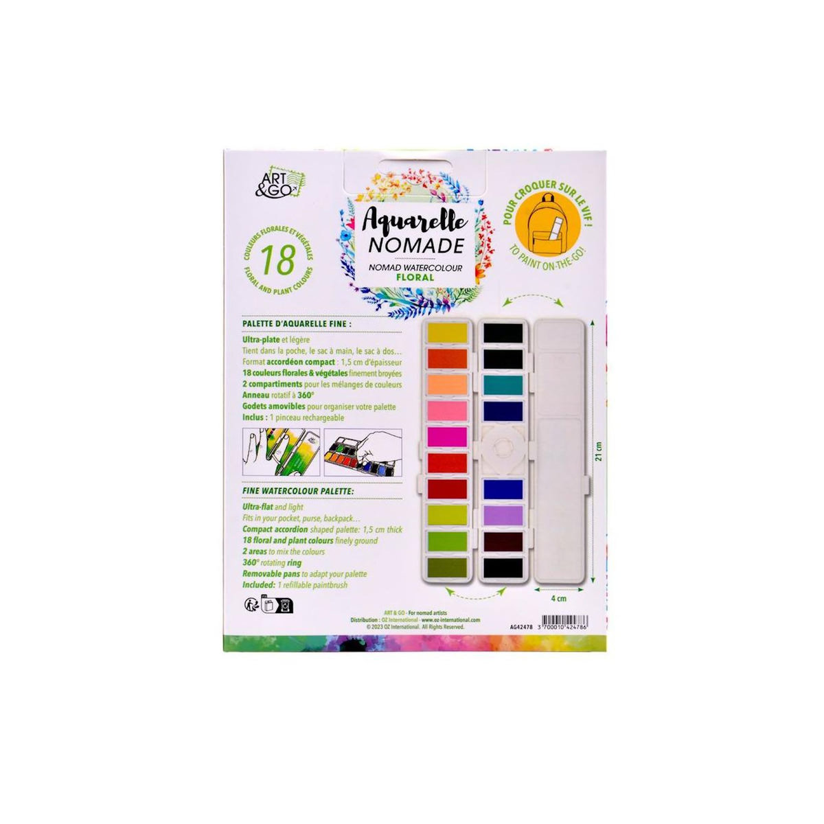 Oz International ART  and  GO Palette Aquarelle Accordéon - 18 couleurs FLORAL