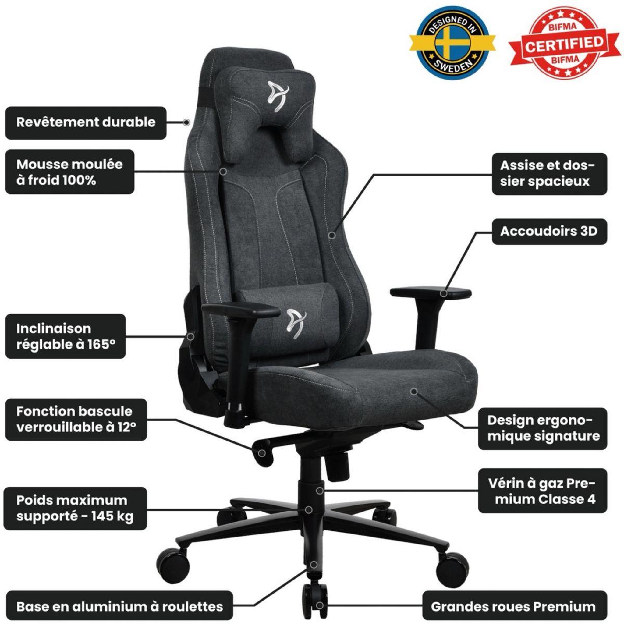 Voir la diapositive 4 : AROZZI Chaise gaming vernazza soft fabric dark grey