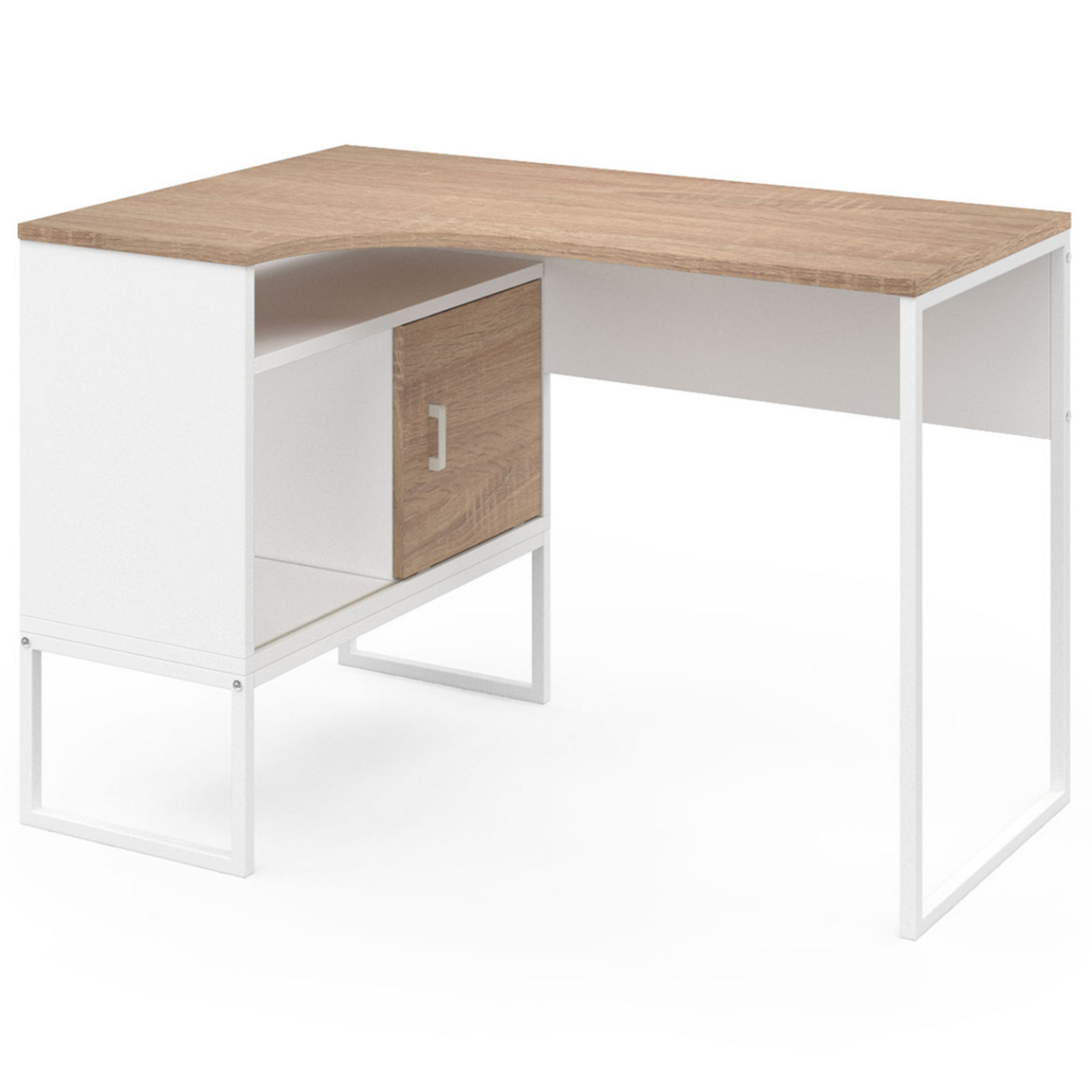 ID MARKET Bureau d'angle ROB blanc et façon hêtre niche de rangement et porte design industriel