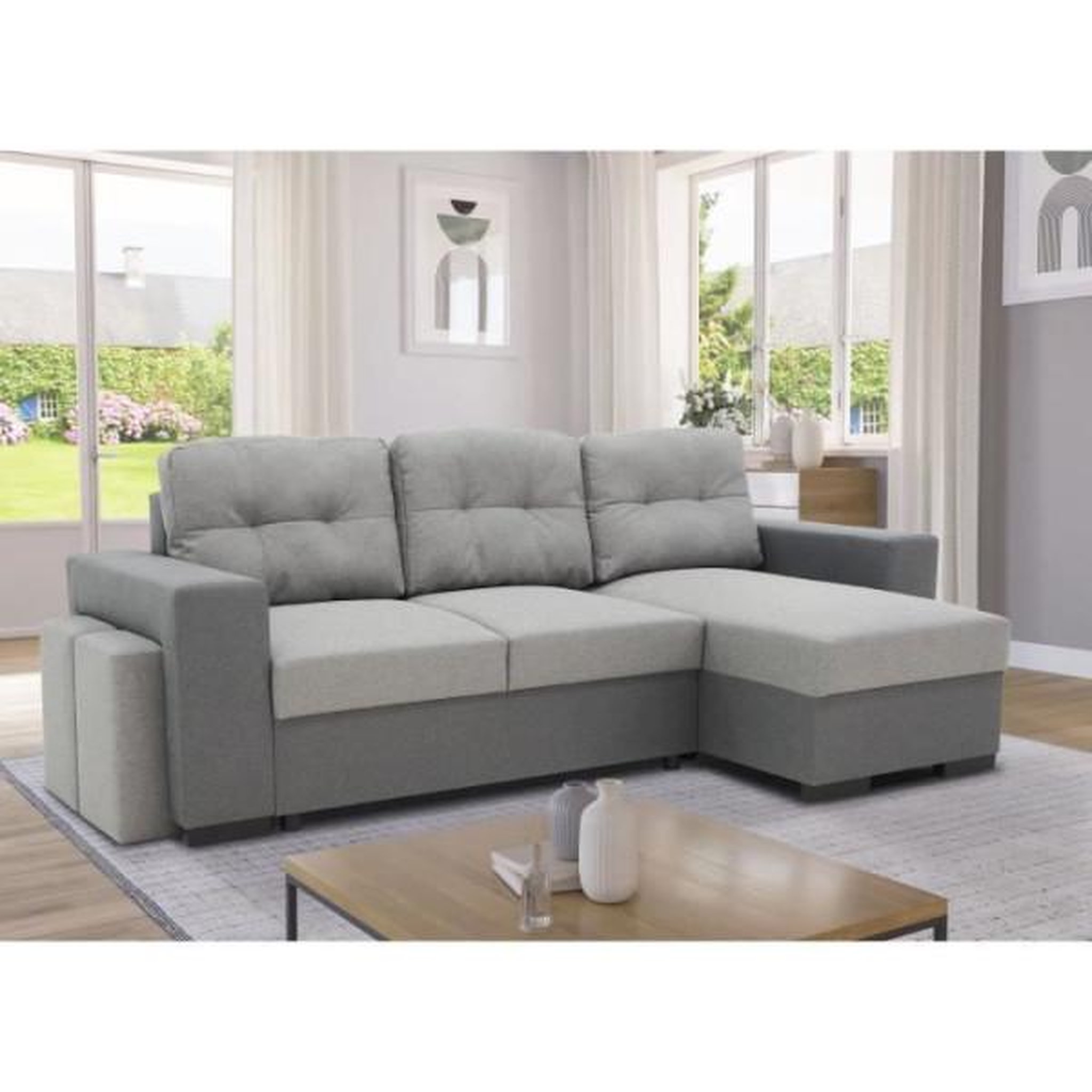Voir la diapositive 2 : MARKET24 Canapé d'angle convertible réversible 3 places JAMES - L 245 x H 91 x P 139 cm - Coffre et 2 poufs - Anthracite et gris
