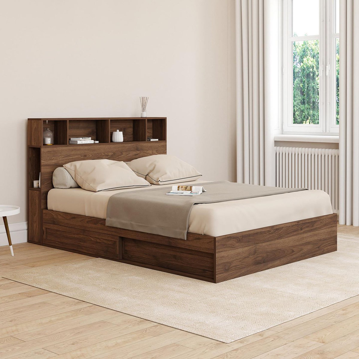 ID MARKET Lit double CLEM avec rangements + tête de lit et sommier 140 x 190 cm effet noyer