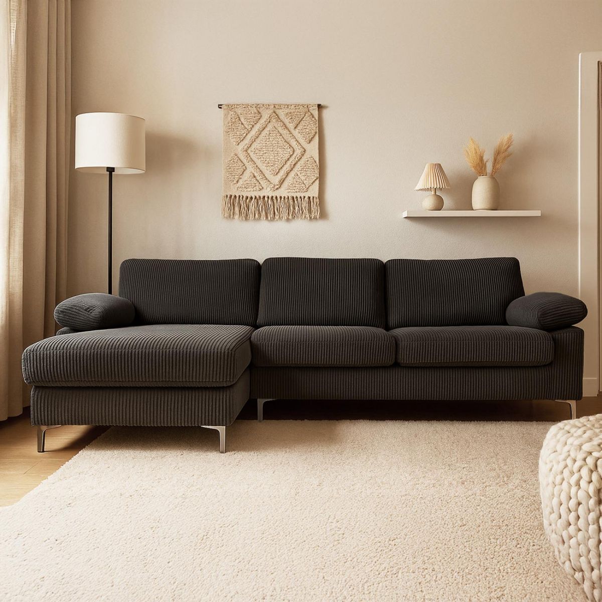 CONCEPT USINE Canapé d'angle 4-5 places méridienne gauche velours côtelé gris anthracite GALWAY