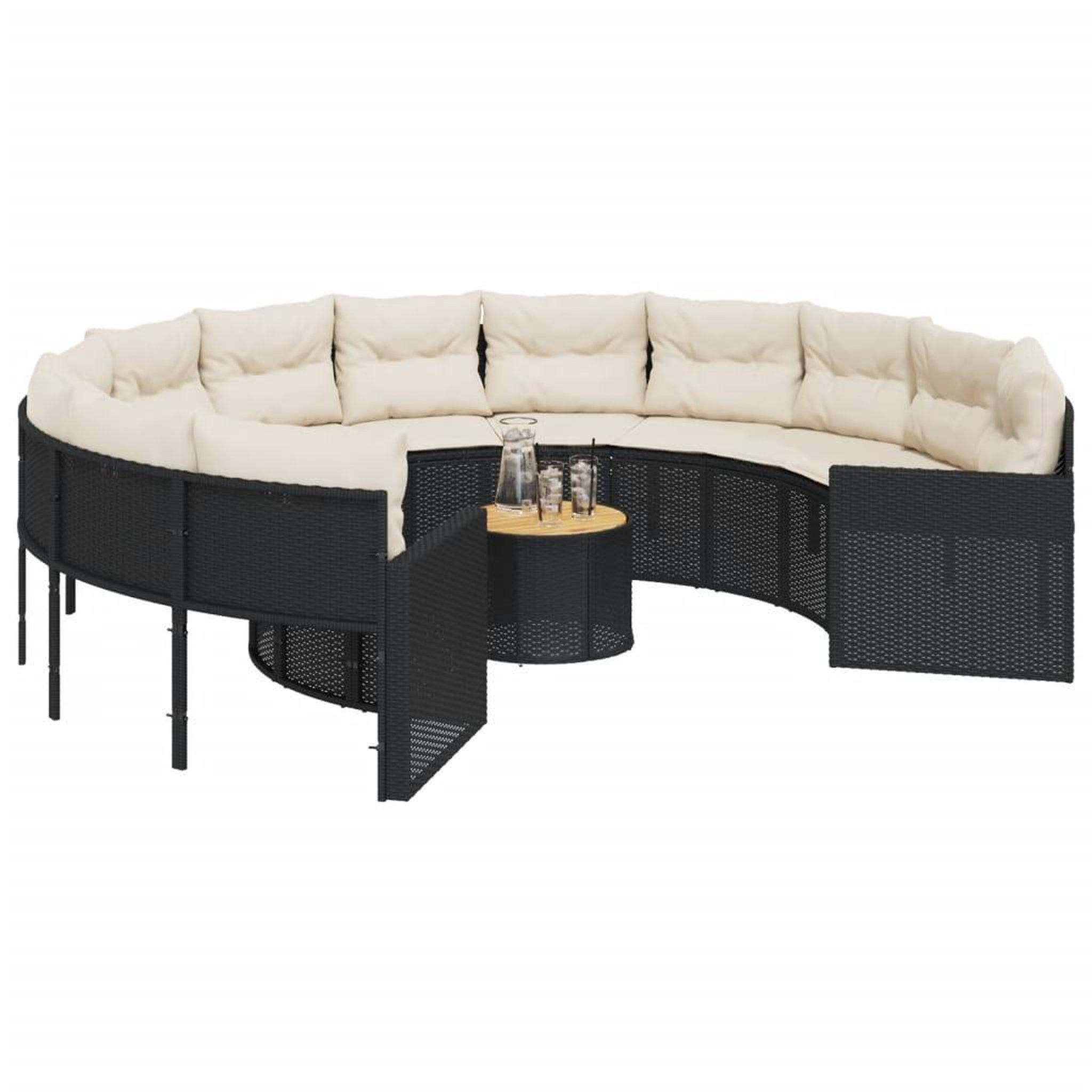Voir la diapositive 3 : VIDAXL Canape de jardin avec table coussins rond noir resine tressee