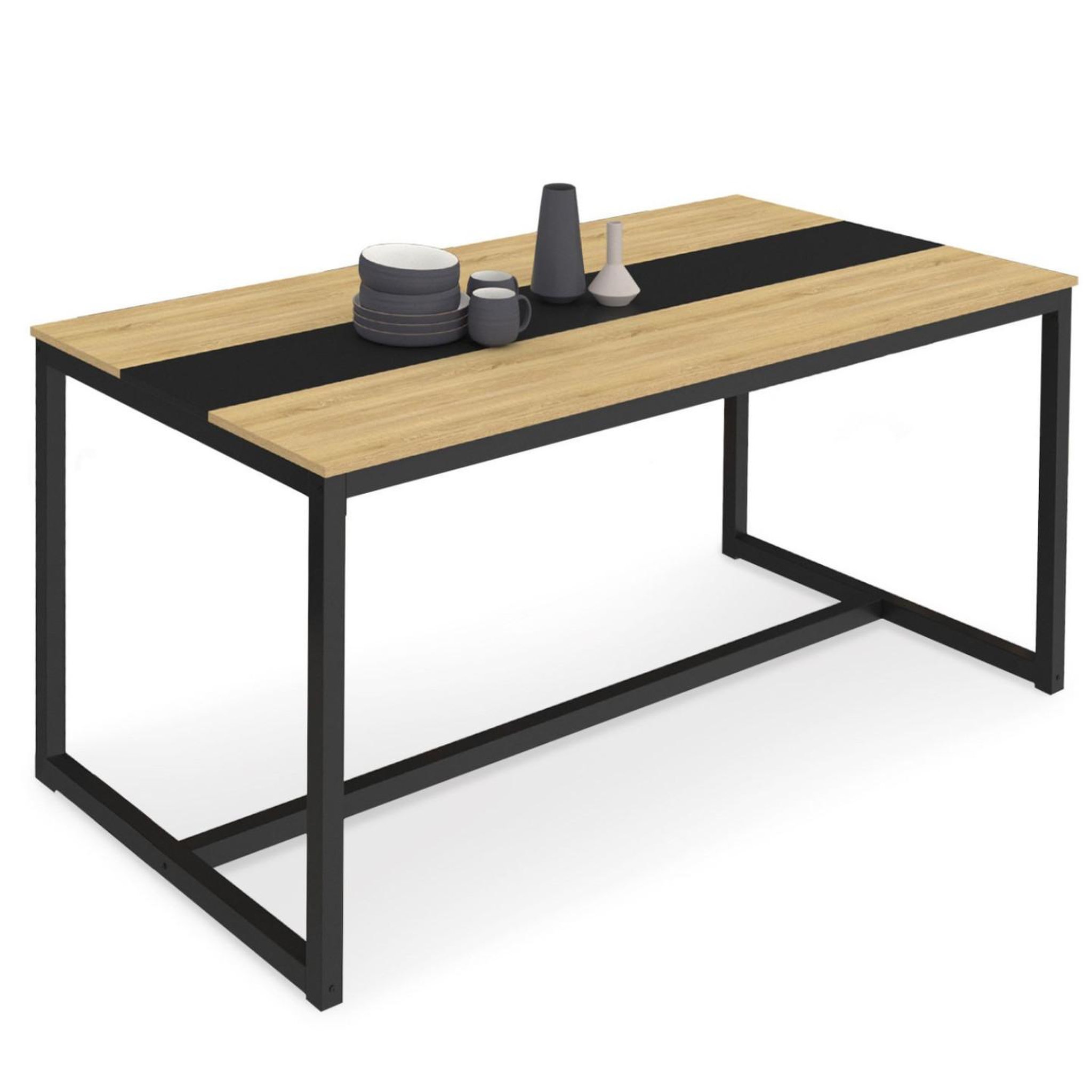 ID MARKET Table à manger rectangle dover 8 personnes bande centrale noire design industriel 180 cm