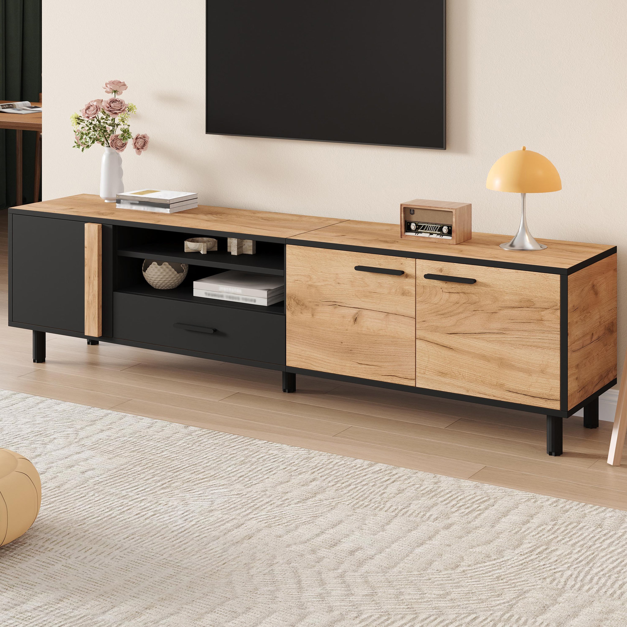 Voir la diapositive 4 : MERAX Meuble tv naturel+noir 180 cm panneau de particules