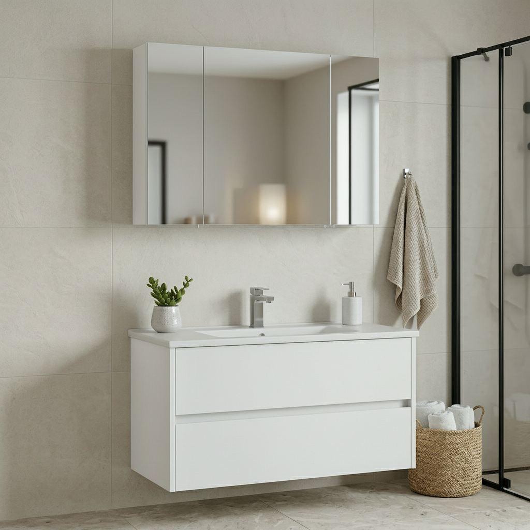 Voir la diapositive 2 : Habitat et Jardin Meuble avec simple vasque et miroir  Side 100 v3  - 100 x 16 x 52 cm - Matte White