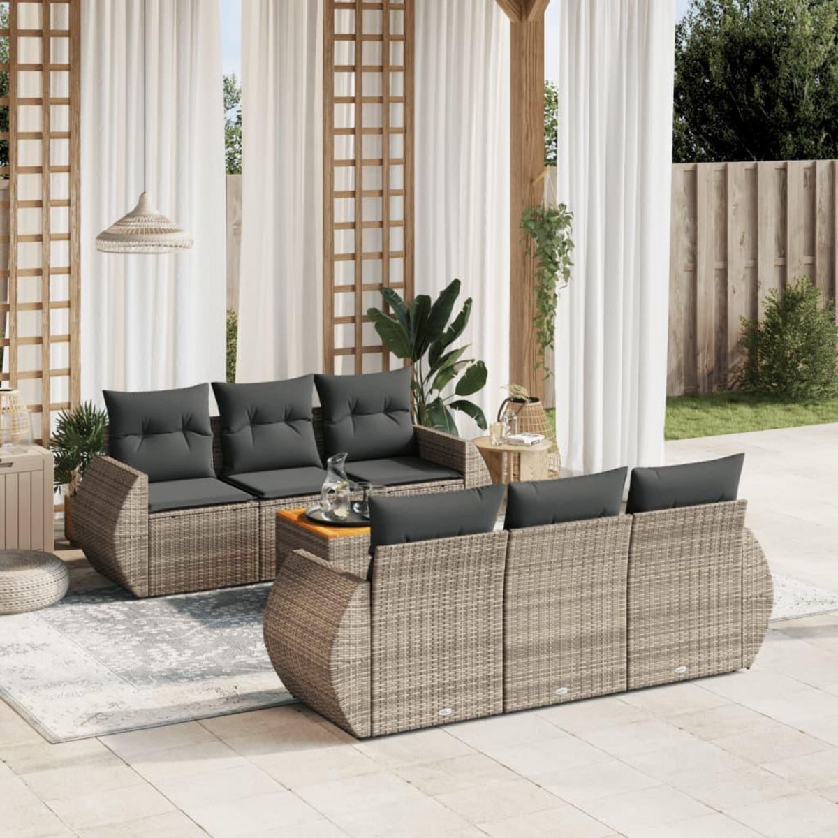 VIDAXL Salon de jardin avec coussins 7 pcs gris resine tressee