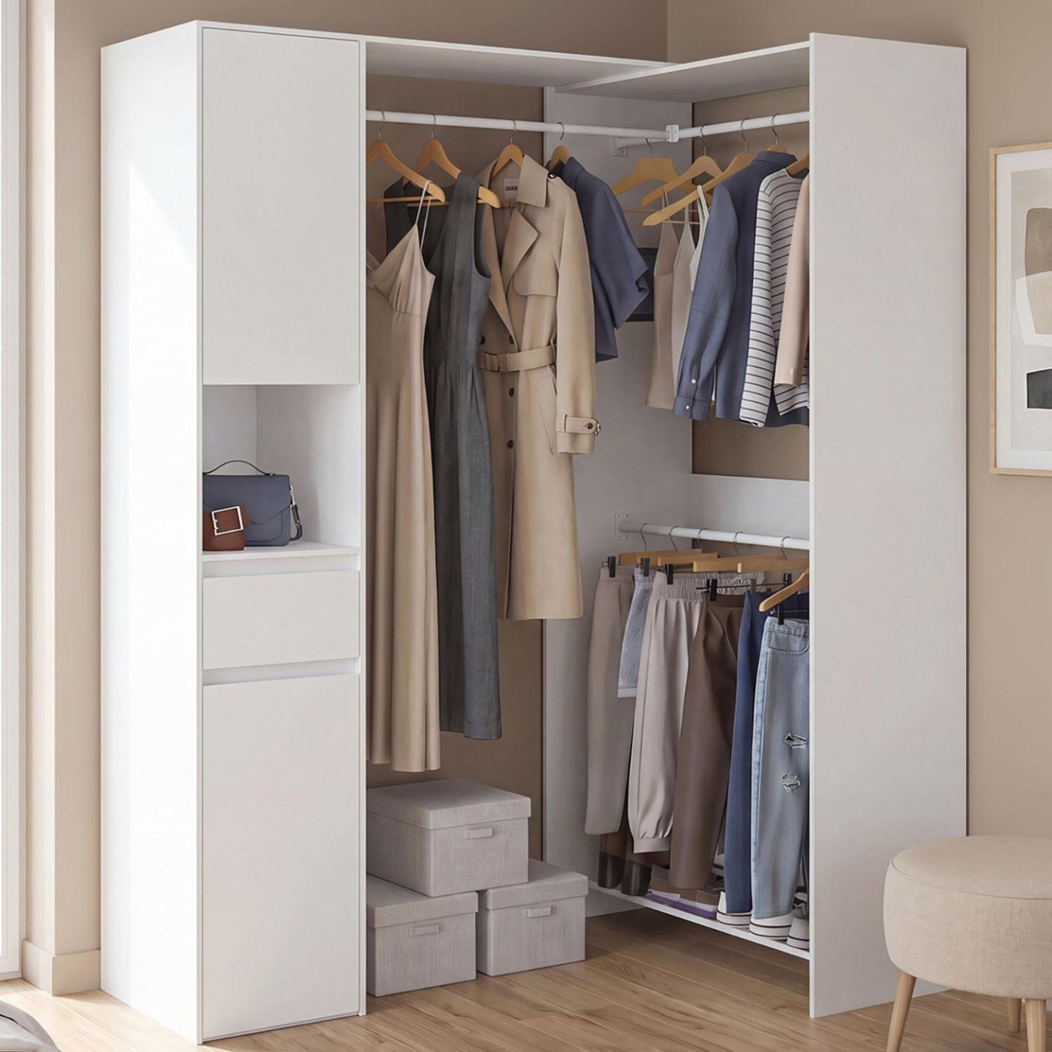 Voir la diapositive 2 : ID MARKET Dressing d'angle modulable l. 145 / 203 cm melman triple penderie + portes + tiroir + étagères blanc