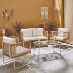 SWEEEK Salon de jardin en corde résine plastique et acier galvanisé, table basse en verre trempé, 4 places. Coloris disponibles : Blanc