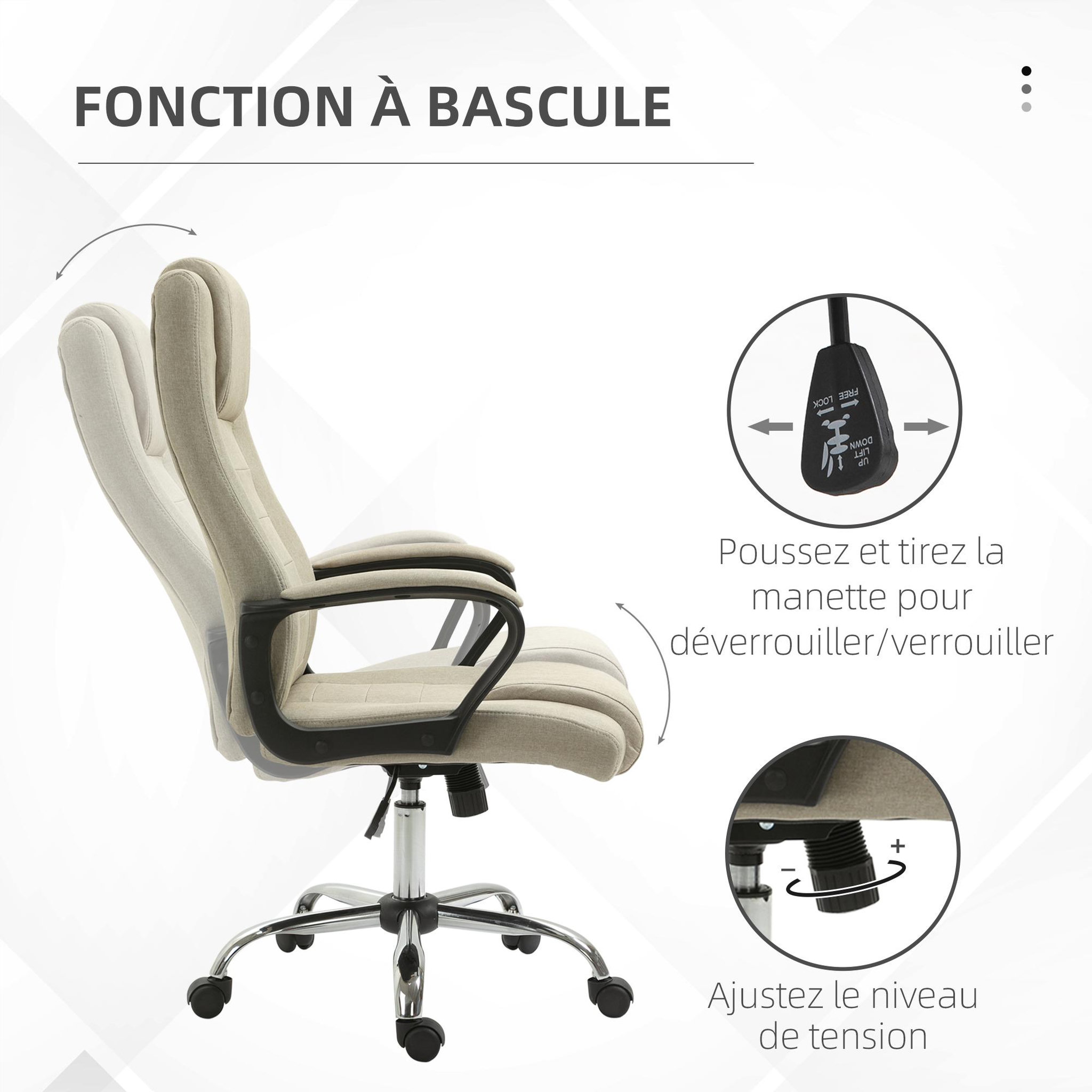 Voir la diapositive 6 : HOMCOM Fauteuil de bureau à roulettes chaise manager ergonomique pivotante hauteur réglable lin beige