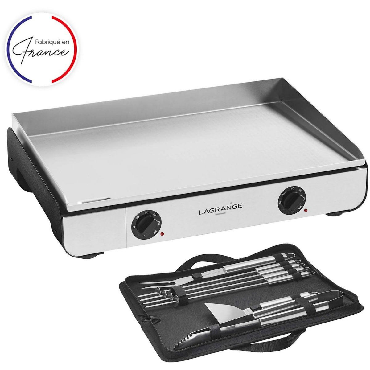 LAGRANGE Plancha électrique Pro 65L noir 2 brûleurs à poser, 65x40 cm + kit d'accessoires