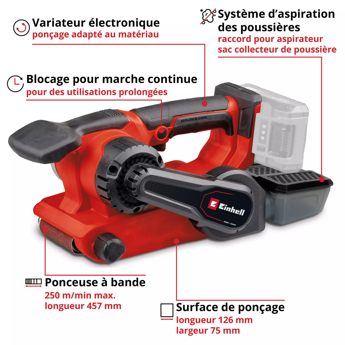 Einhell Ponceuse à bande sans fil TP-BS 18/457 Li BL - Solo - 250 m/min - sans batterie