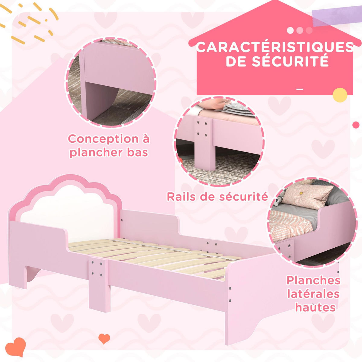 HOMCOM Lit enfant design girly motif nuage - sommier à lattes inclus - MDF contreplaqué rose blanc