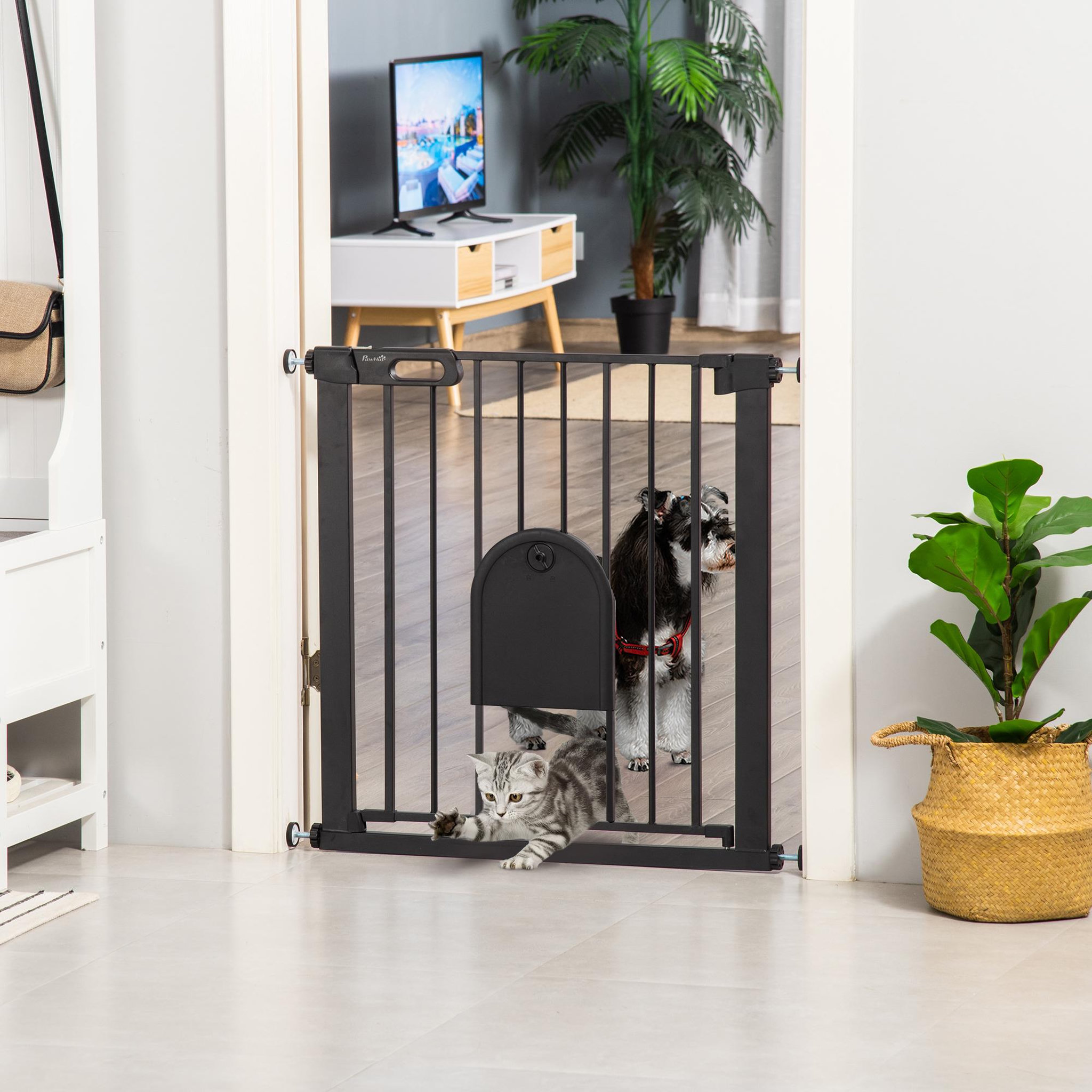 Voir la diapositive 2 : PAWHUT Barrière de sécurité chien l.75-82 x h.76 cm porte verrouillable fixation pression noir