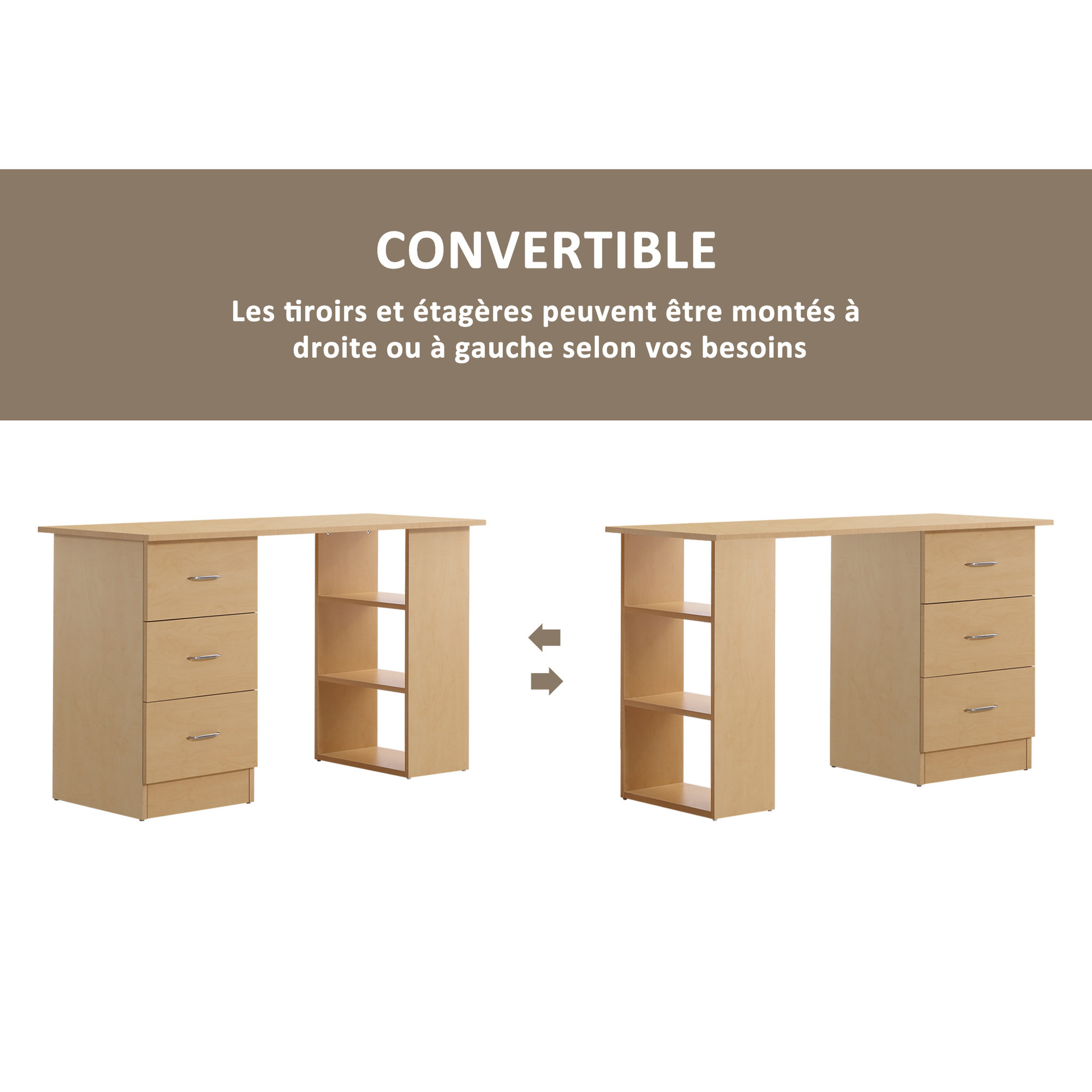 Voir la diapositive 6 : HOMCOM Bureau informatique table multi-fonctions 3 tiroirs 2 étagères dim. 120L x 49l x 72H cm MDF aspect bois clair