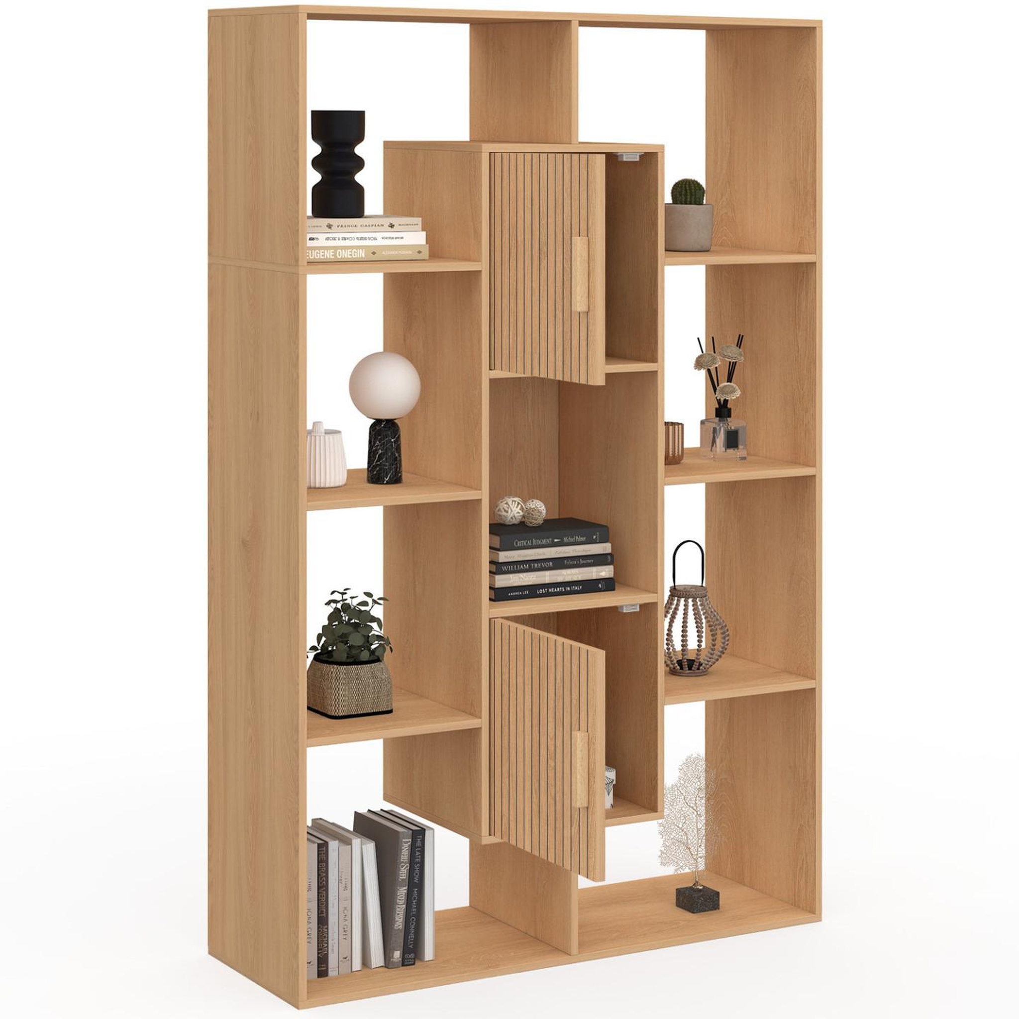 Voir la diapositive 4 : ID MARKET Etagère bibliothèque colette avec 11 compartiments et 2 cases juliette effet lattes 143 cm