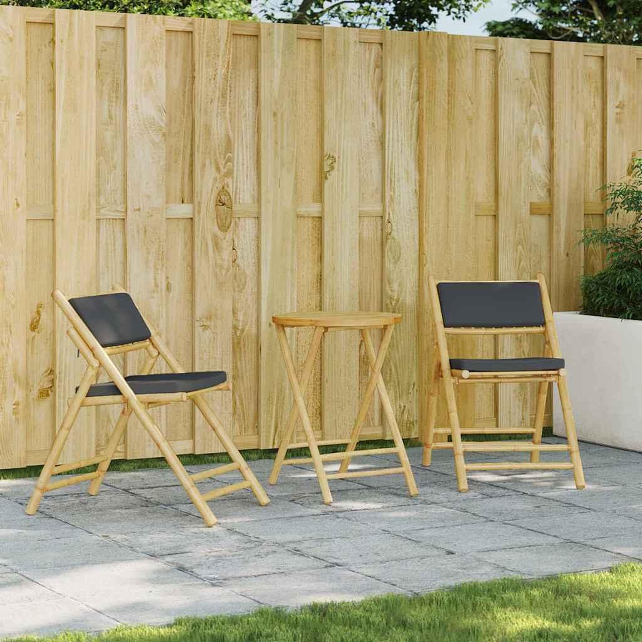 VIDAXL Chaises de bistro pliantes lot de 2 coussins gris fonce bambou