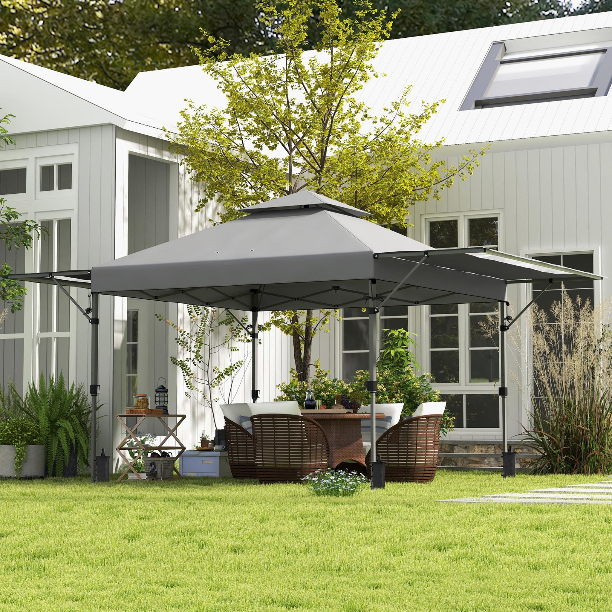 Voir la diapositive 2 : OUTSUNNY Tonnelle pop-up de jardin barnum pliant 5 x 3 m - sac à de transport à roulettes inclus - acier oxford gris