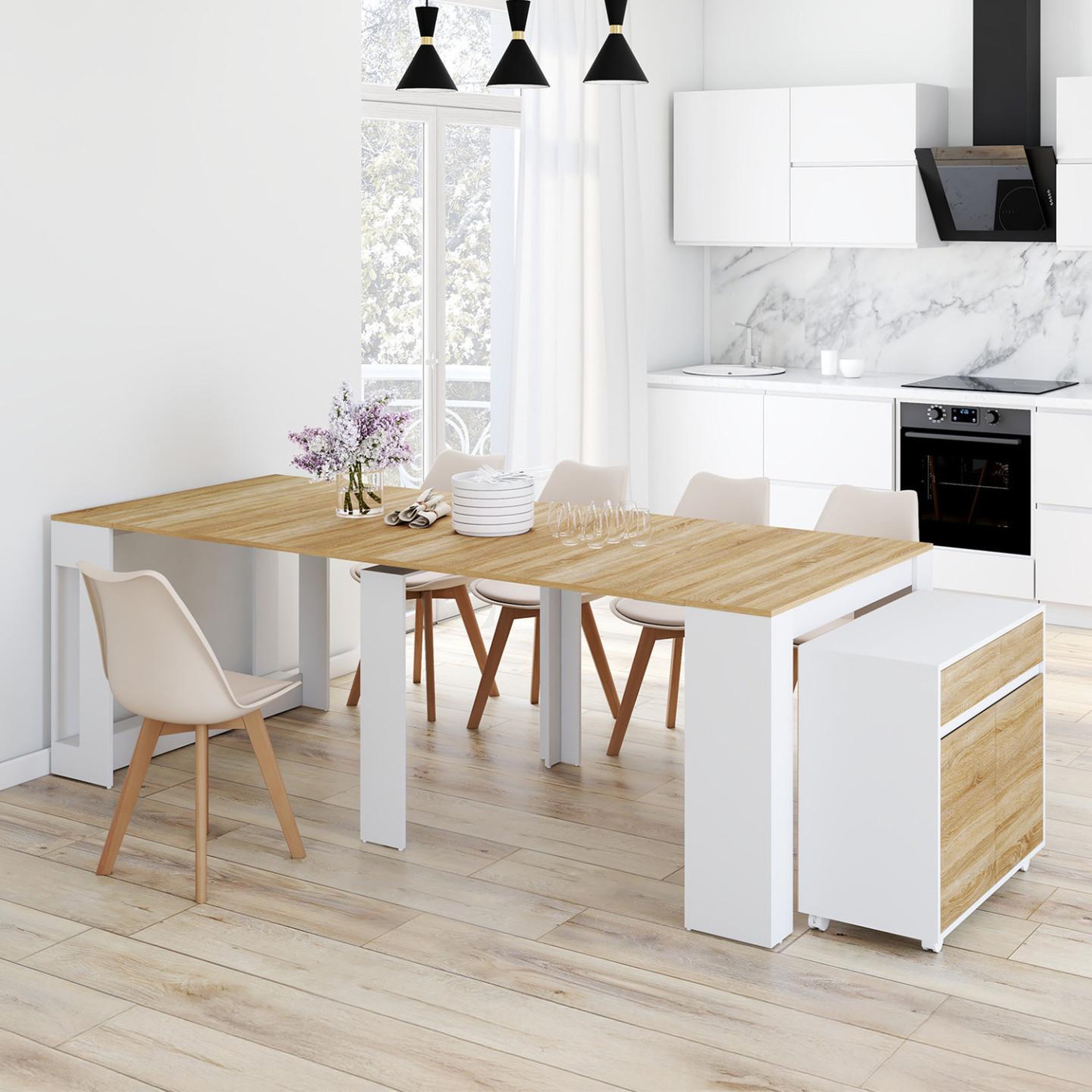 Voir la diapositive 2 : ID MARKET Table buffet extensible orlando 14 personnes 285 cm bois blanc façon hêtre