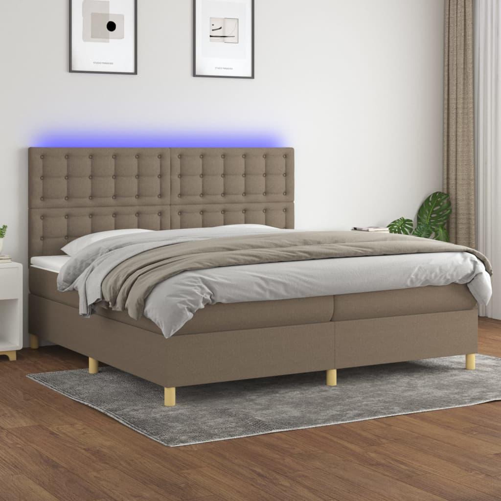 Voir la diapositive 1 : VIDAXL Sommier a lattes de lit et matelas et LED Taupe 200x200cm Tissu