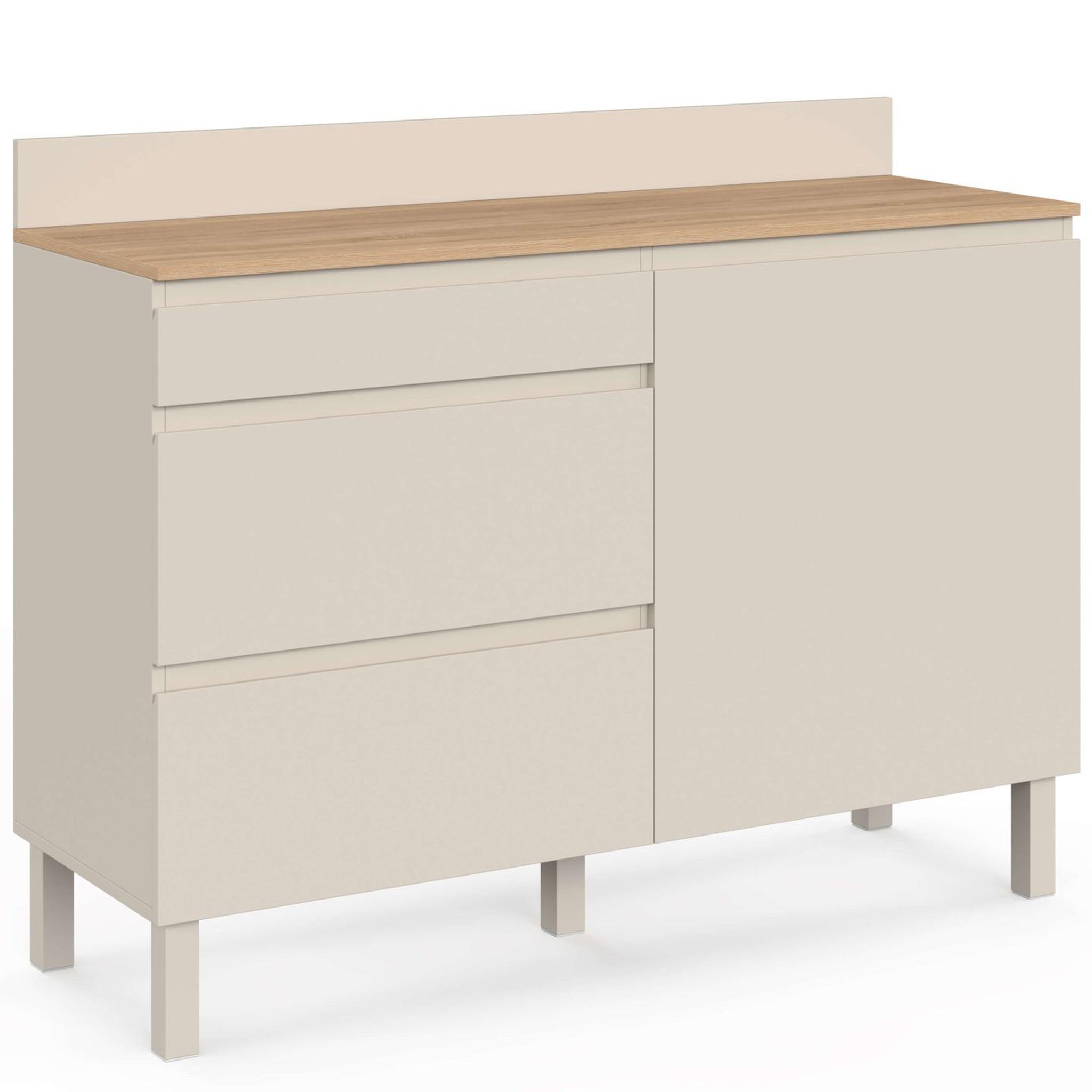 Voir la diapositive 3 : ID MARKET Buffet bas casserolier de cuisine 120 cm claude plan de travail effet bois h.83 cm 1 porte + 3 tiroirs beige