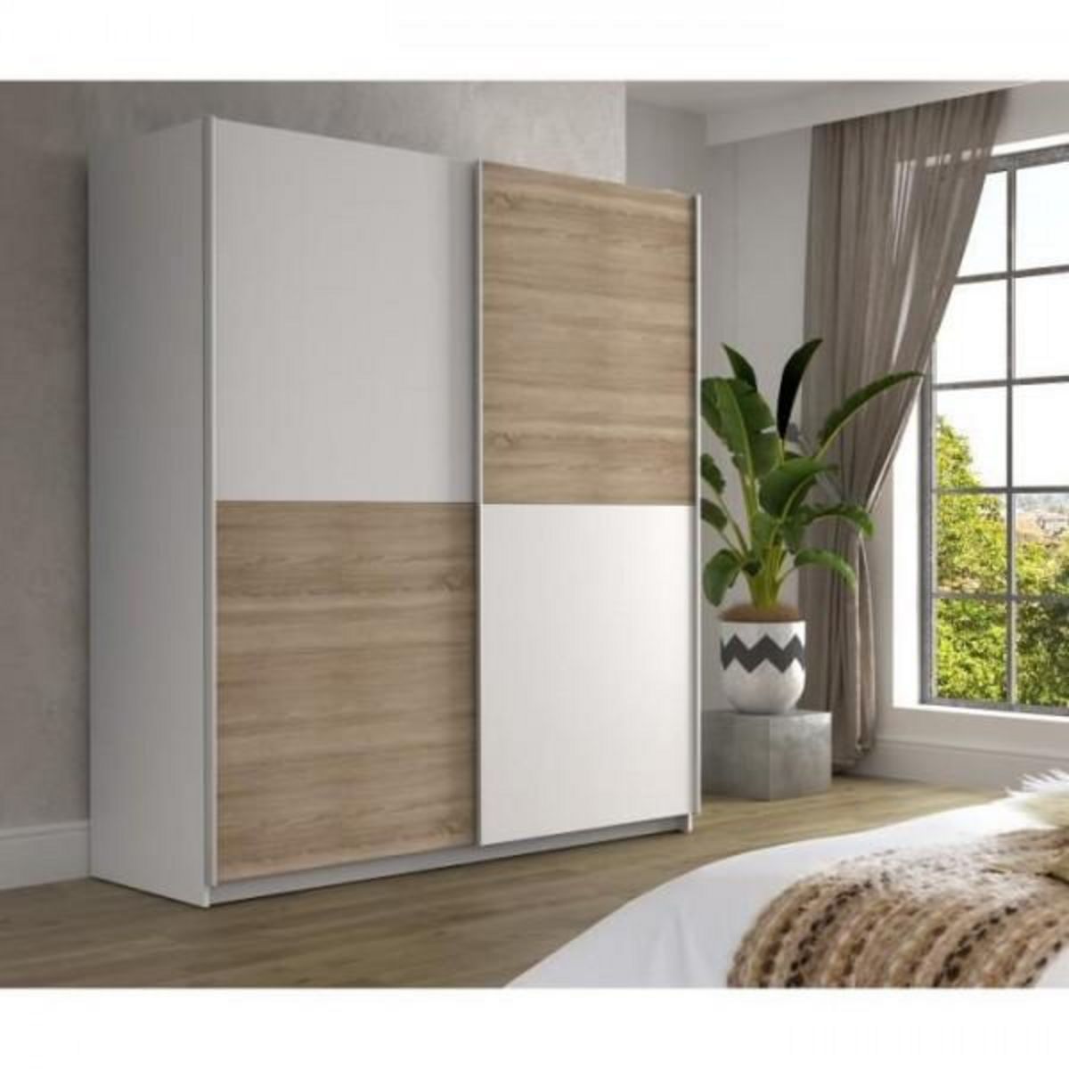 MARKET24 Armoire 2 portes coulissantes - Panneaux de particules - Décor chene et blanc - L 170,3 x P 61,2 x H 190,5 cm - ULOS