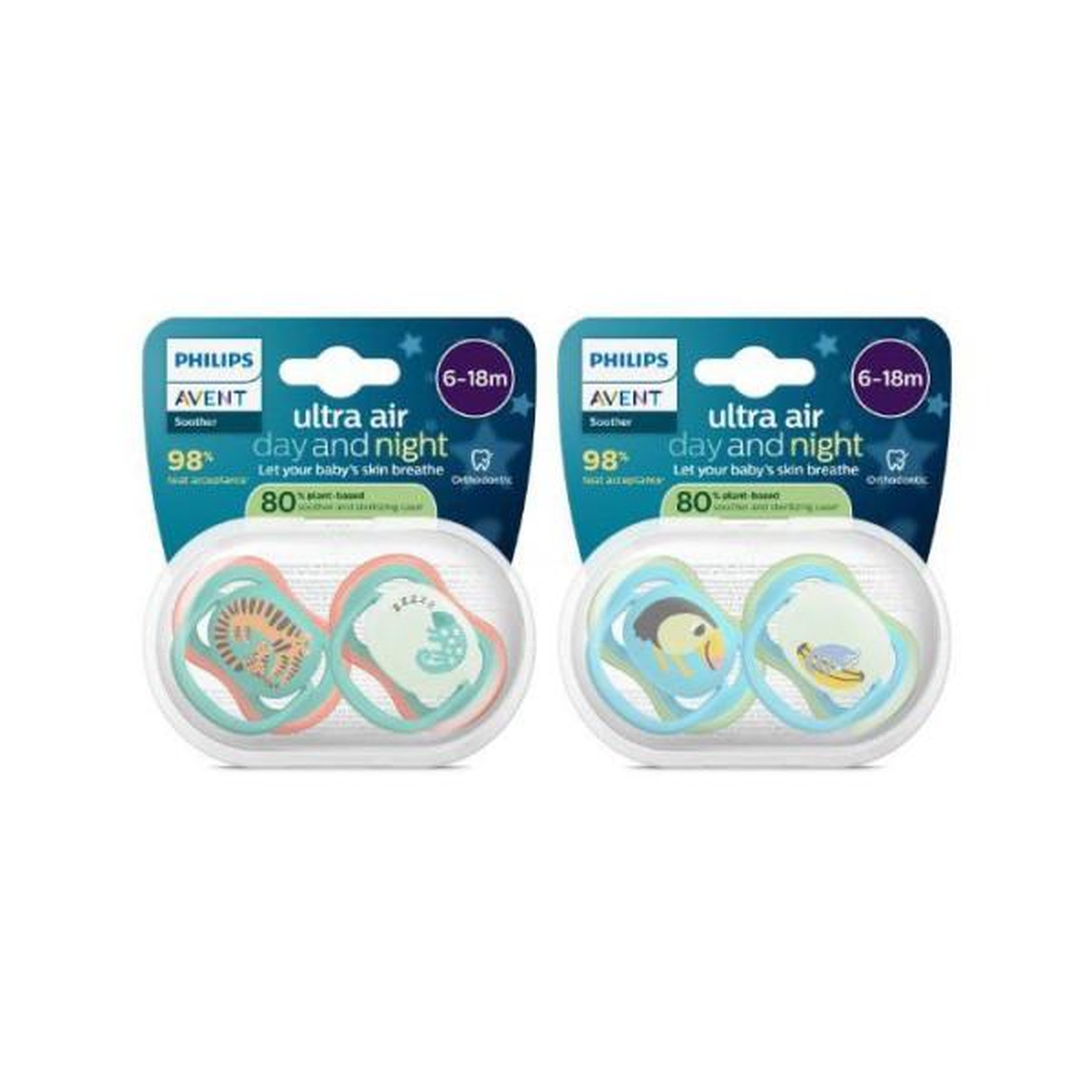 Philips Avent Lot de 4 sucettes Pacifier ultra air - PHILIPS AVENT - SCF087/27 - Jour et nuit - Sans BPA - 6/18 mois - Vert / Orange