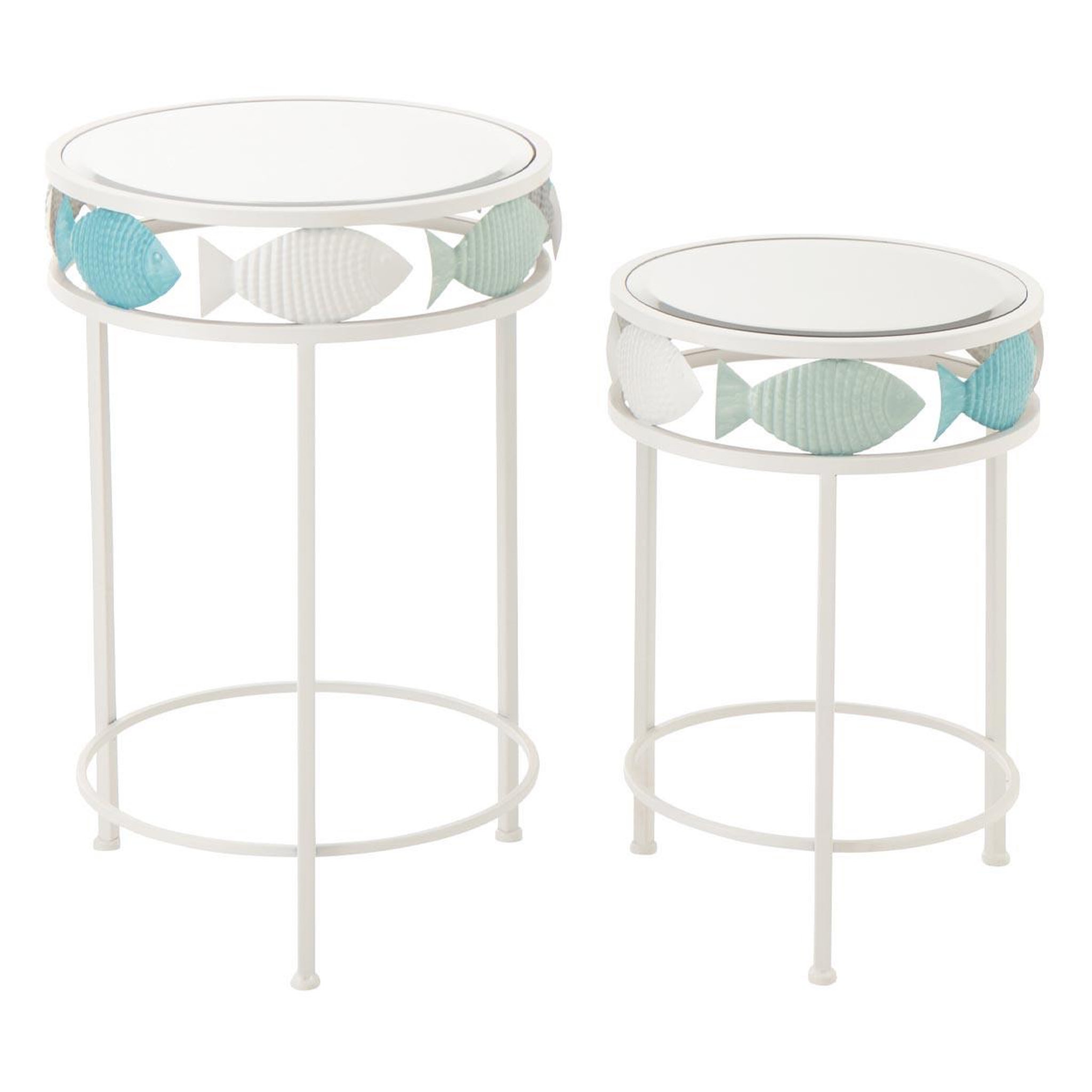 Voir la diapositive 2 : J-LINE Lot de 2 tables d'appoint  poisson  59cm blanc & bleu