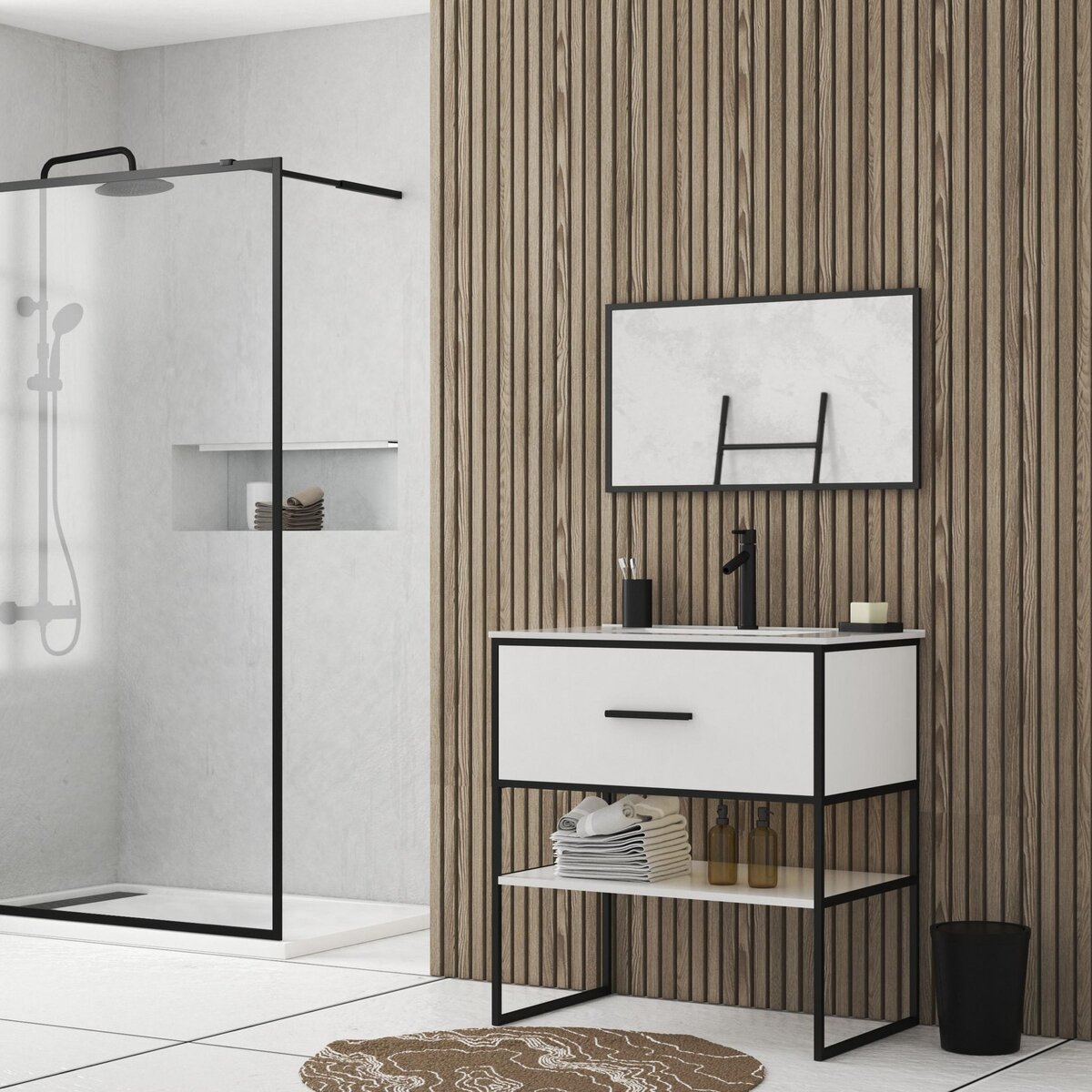 Aurlane Meuble Salle de Bain 80 cm Blanc avec Tiroir et Etagère - Vasque - Miroir Cadre Noir Mat - THINKY