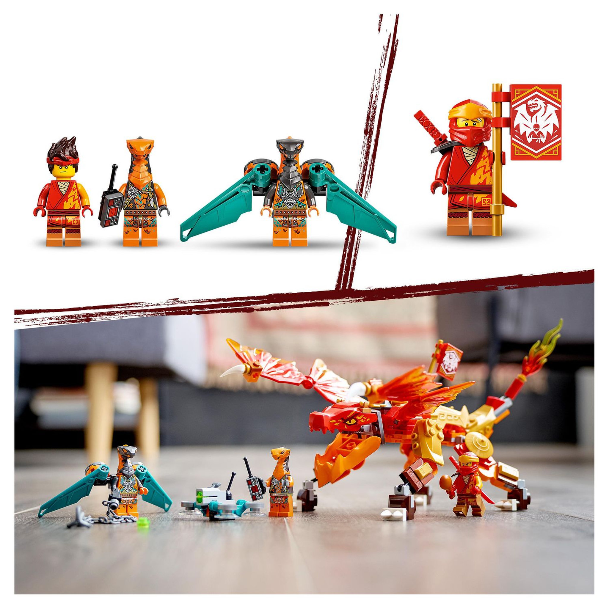 Voir la diapositive 7 : LEGO Ninjago 71762 - Le dragon de feu de Kaï - Évolution, Jouet pour Enfants +6 Ans, Set avec Figurines Guerriers Serpents avec bannière de mission à collectionner