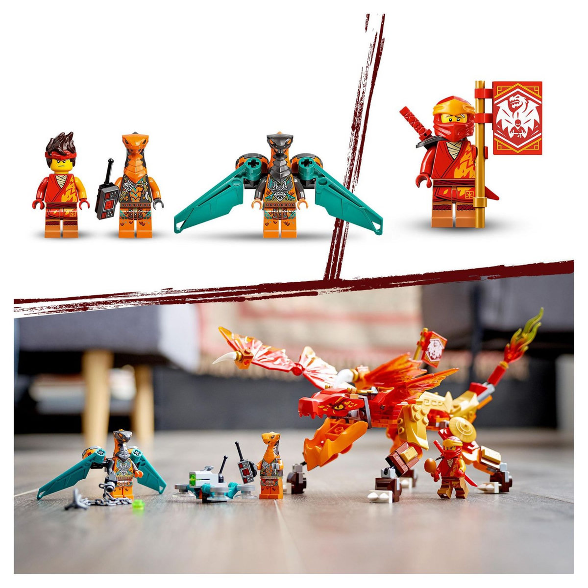 LEGO Ninjago 71762 - Le dragon de feu de Kaï - Évolution, Jouet pour Enfants +6 Ans, Set avec Figurines Guerriers Serpents avec bannière de mission à collectionner