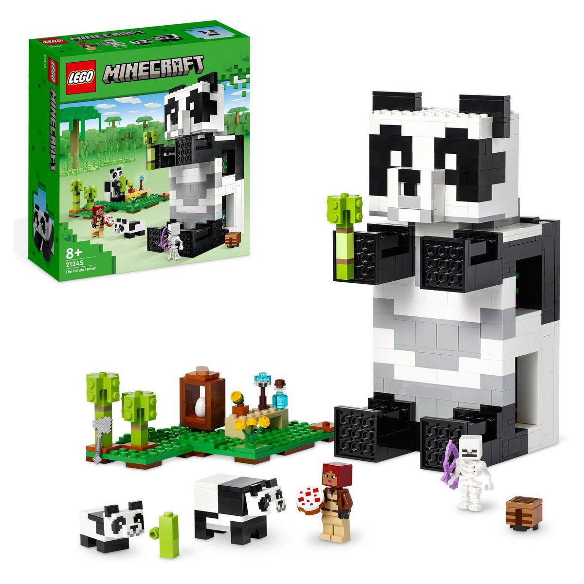 LEGO Minecraft 21245 Le refuge panda, Jouet de Maison Amovible, avec Figurines Animaux et Squelette