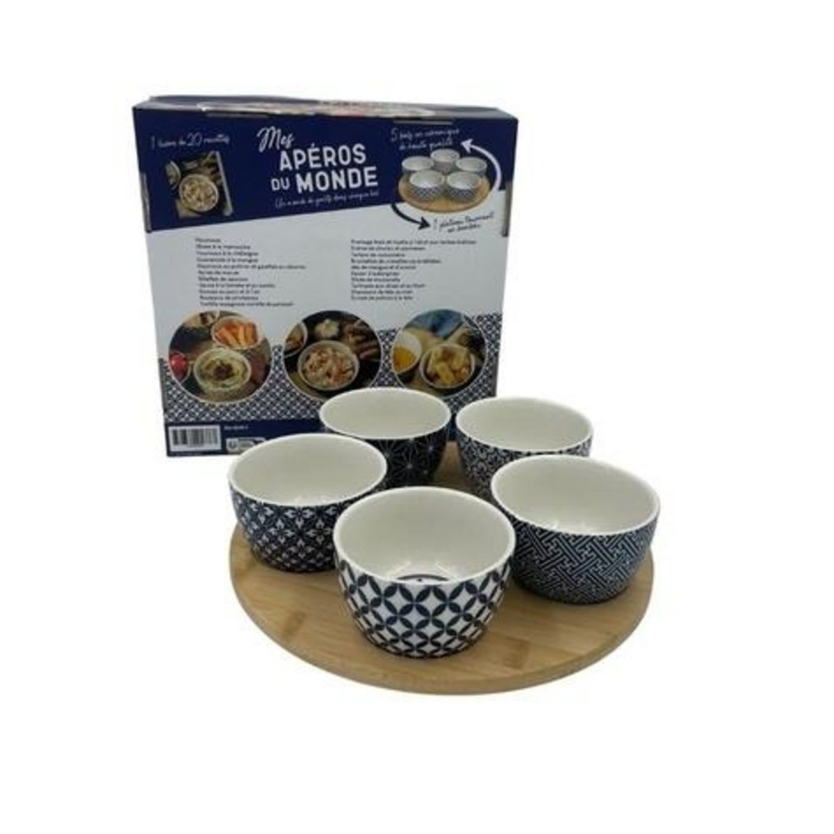 MES PETITS APEROS DU MONDE. COFFRET AVEC 5 BOLS EN CERAMIQUE, 1 PLATEAU TOURNANT, Desgages Aurélie