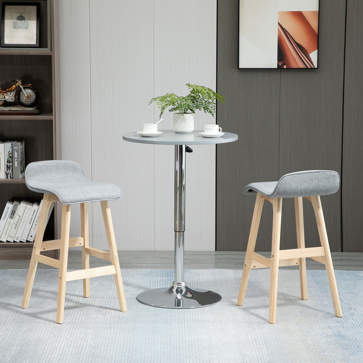 HOMCOM Tabourets de bar style scandinave - lot de 2 tabourets de bar avec repose-pieds - bois de sapin tissu polyester aspect lin gris