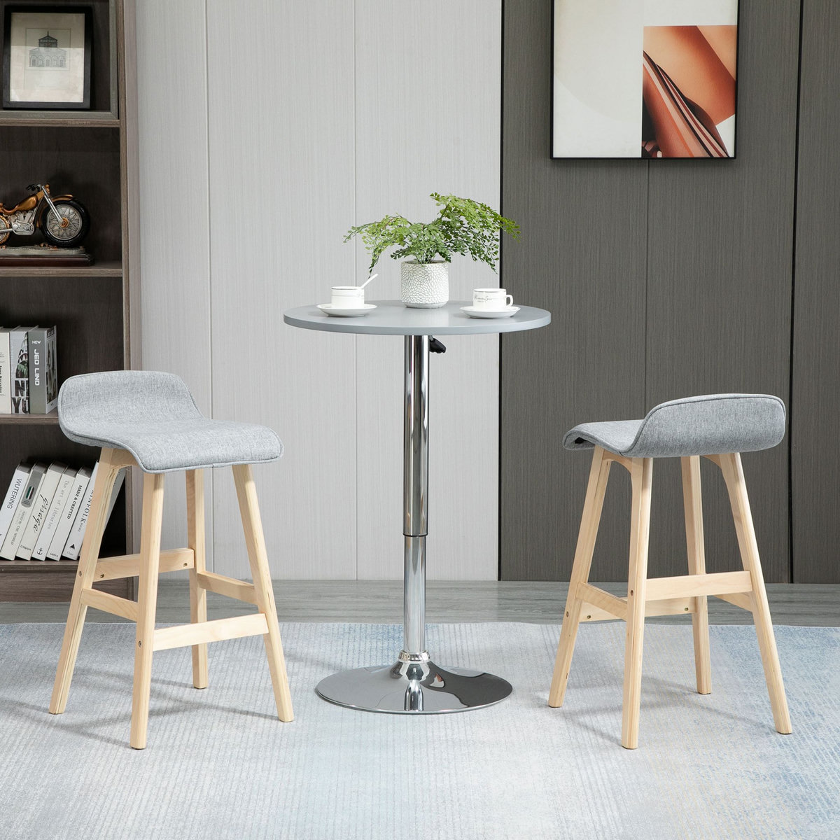 HOMCOM Tabourets de bar style scandinave - lot de 2 tabourets de bar avec repose-pieds - bois de sapin tissu polyester aspect lin gris