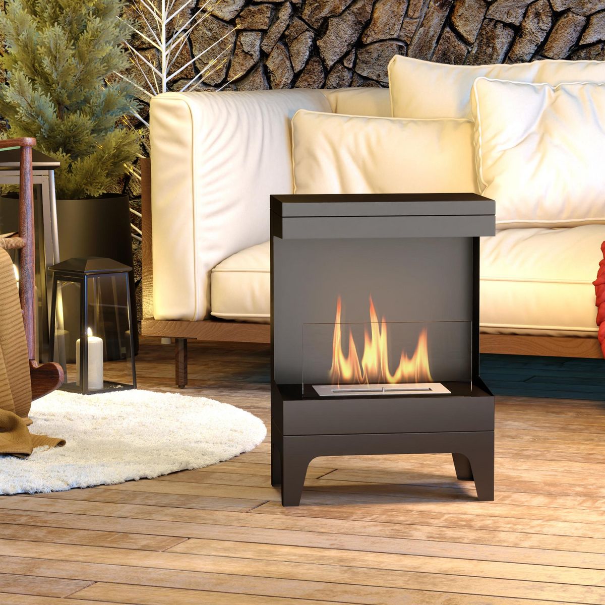 HOMCOM Cheminée bioéthanol sur pied - 0,9L - 38 x 22 x 54 cm - acier inox. noir verre trempé