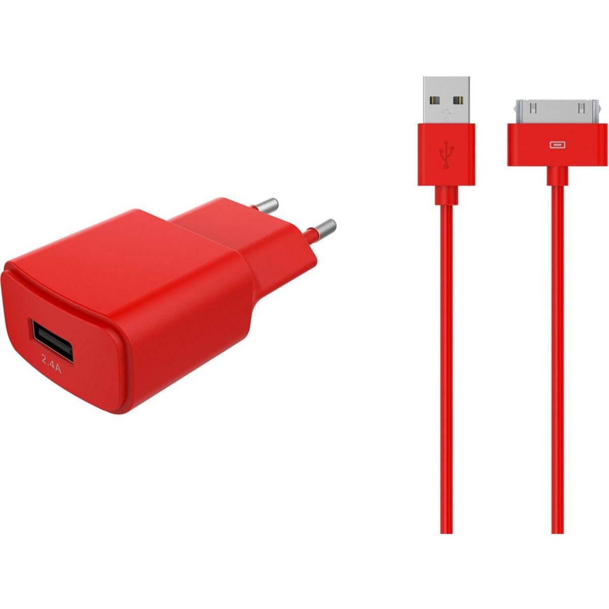 ESSENTIEL B Chargeur secteur USB 2,4A + cable 30 broches rouge