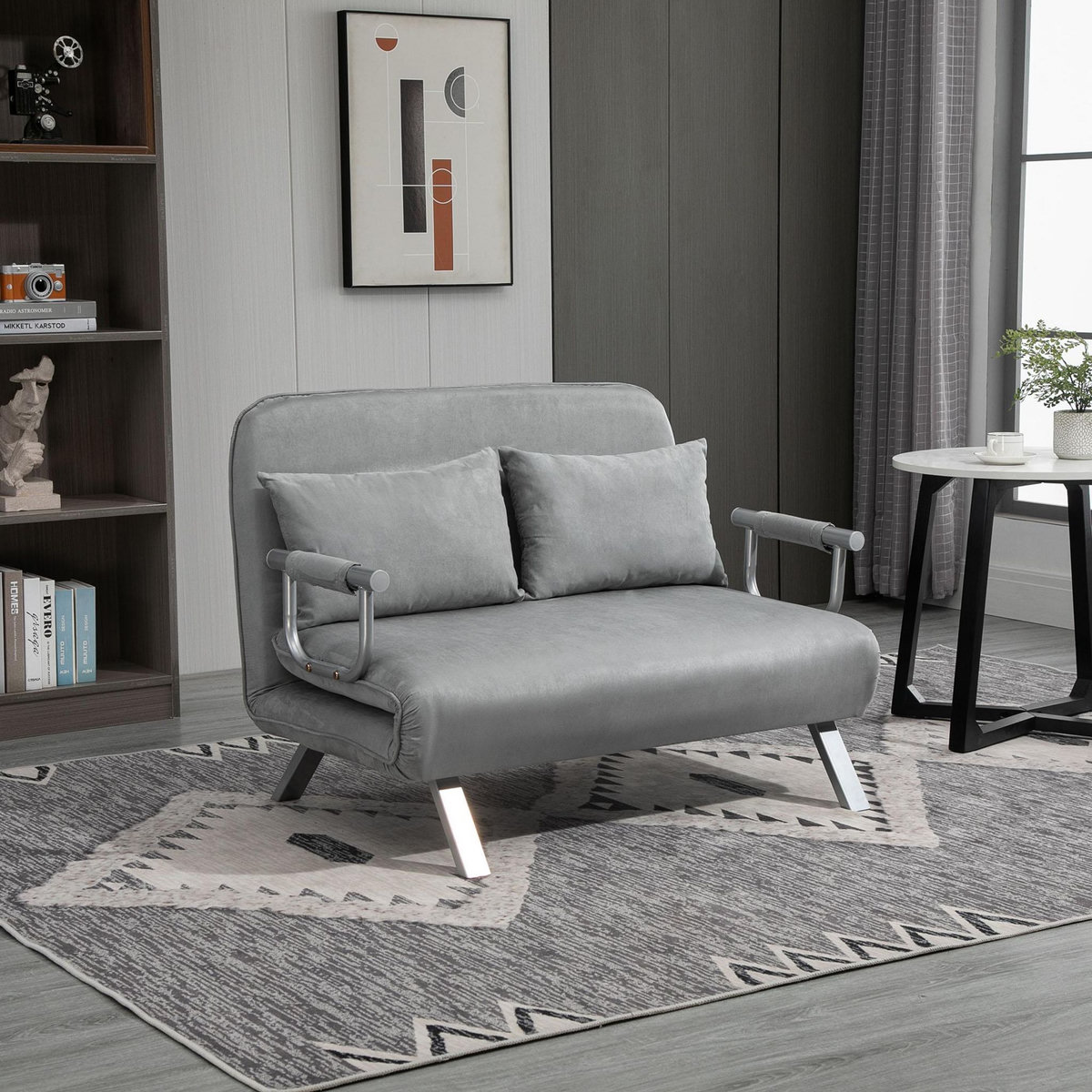 HOMCOM Canapé-lit canapé convertible 2 places déhoussable grand confort 2 coussins fournis pieds accoudoirs métal suède gris clair