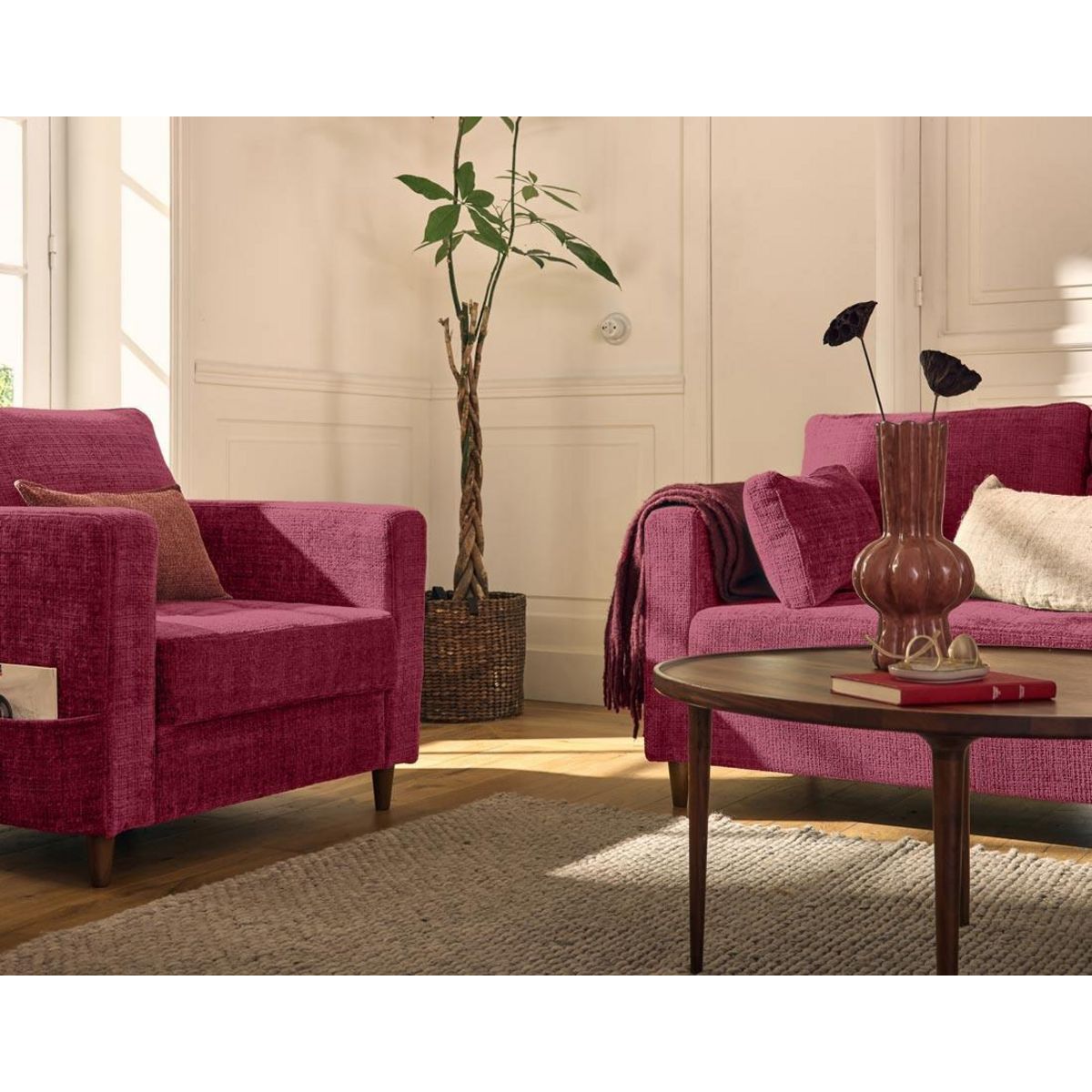 LISA DESIGN Anna - fauteuil avec poche en velours texturé - pieds en bois