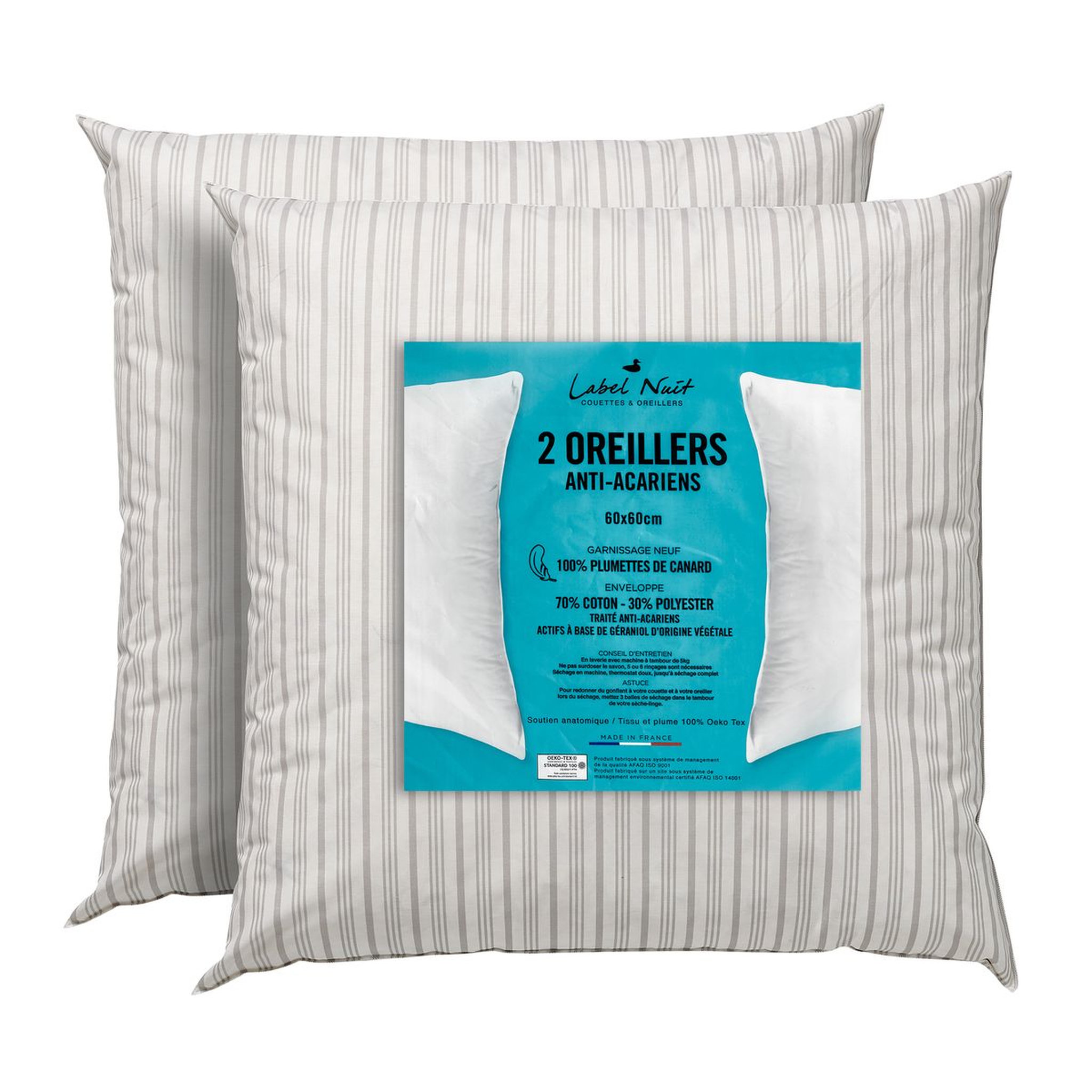 Voir la diapositive 1 : Lot de 2 oreillers naturels confort ferme en plumettes neuves et polycoton traité anti acariens 
