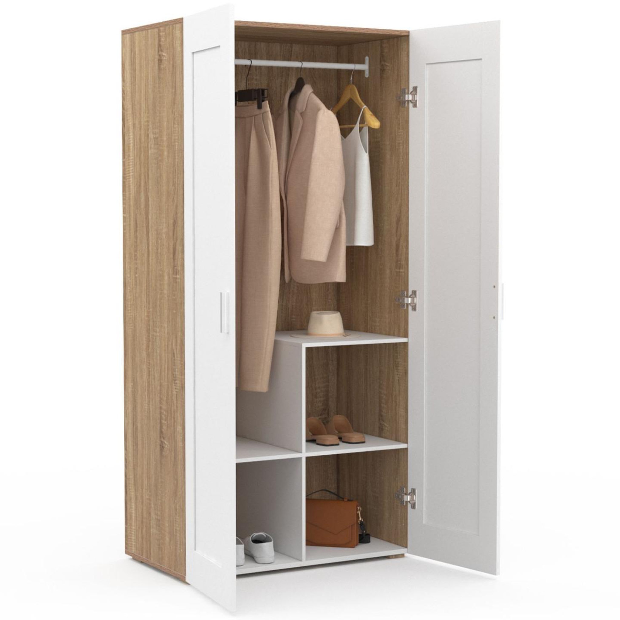 Voir la diapositive 3 : ID MARKET Armoire 2 portes vito blanc et bois penderie 80 cm avec étagères rangement maxi capacité