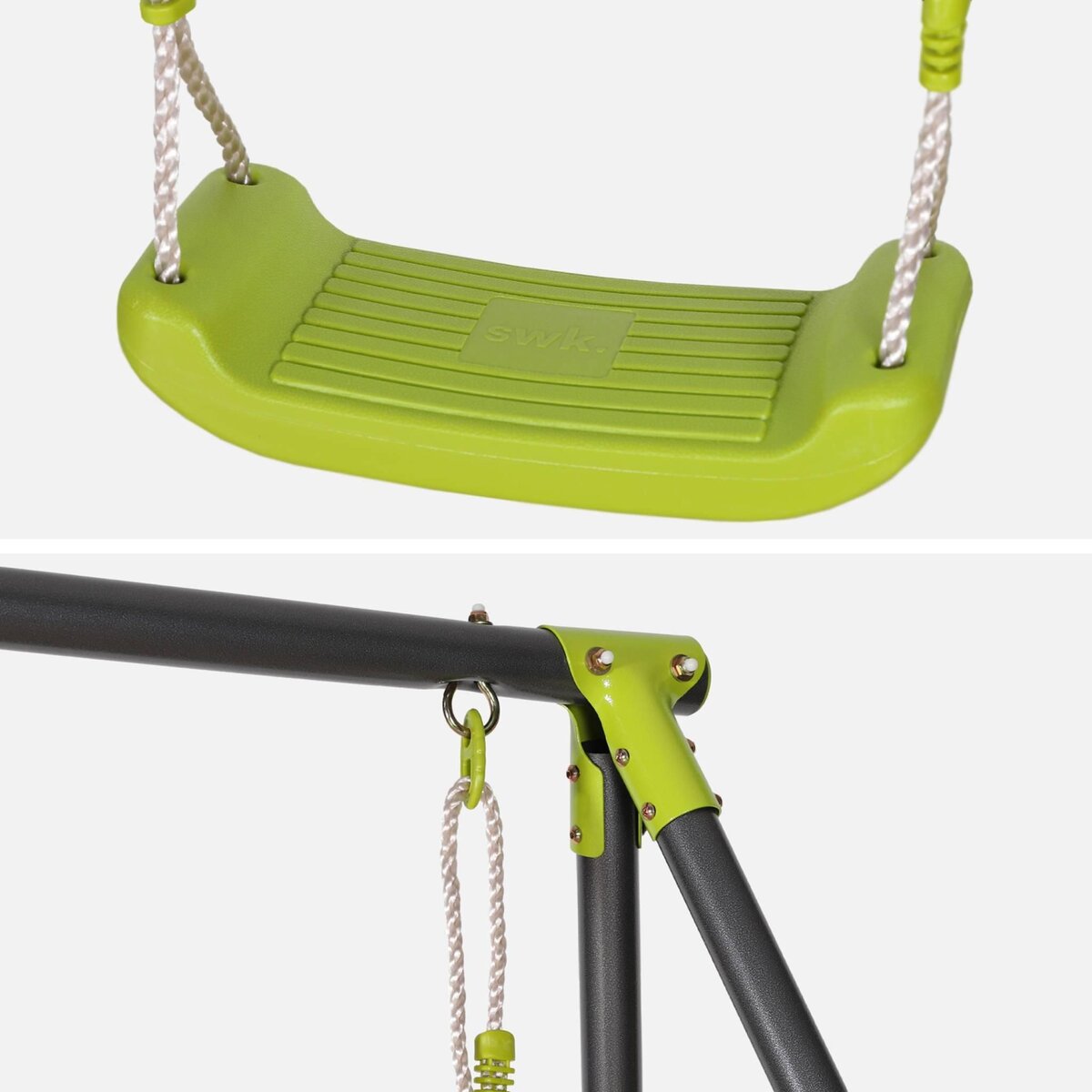 SWEEEK Portique balançoire double en métal BISE. 2 places. noir et vert. acier. L 217 x P 153 x H 195 cm