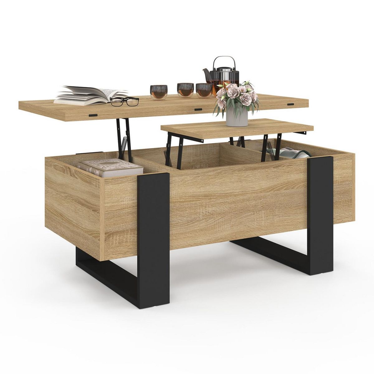 ID MARKET Table basse plateau relevable rectangulaire convertible en table à manger PHOENIX 97,5 cm bois et noir