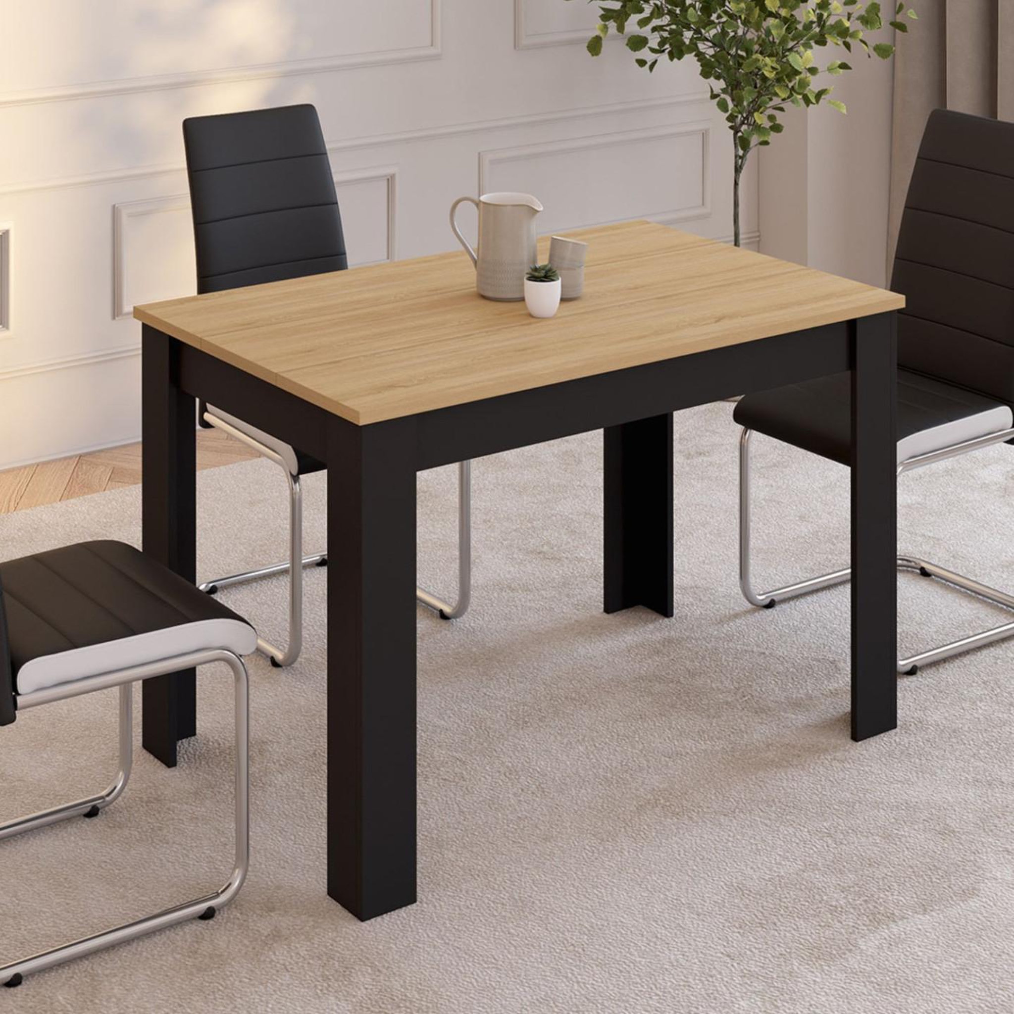 Voir la diapositive 2 : ID MARKET Table à manger rectangle rozy 4 personnes noire plateau façon hêtre 110 cm