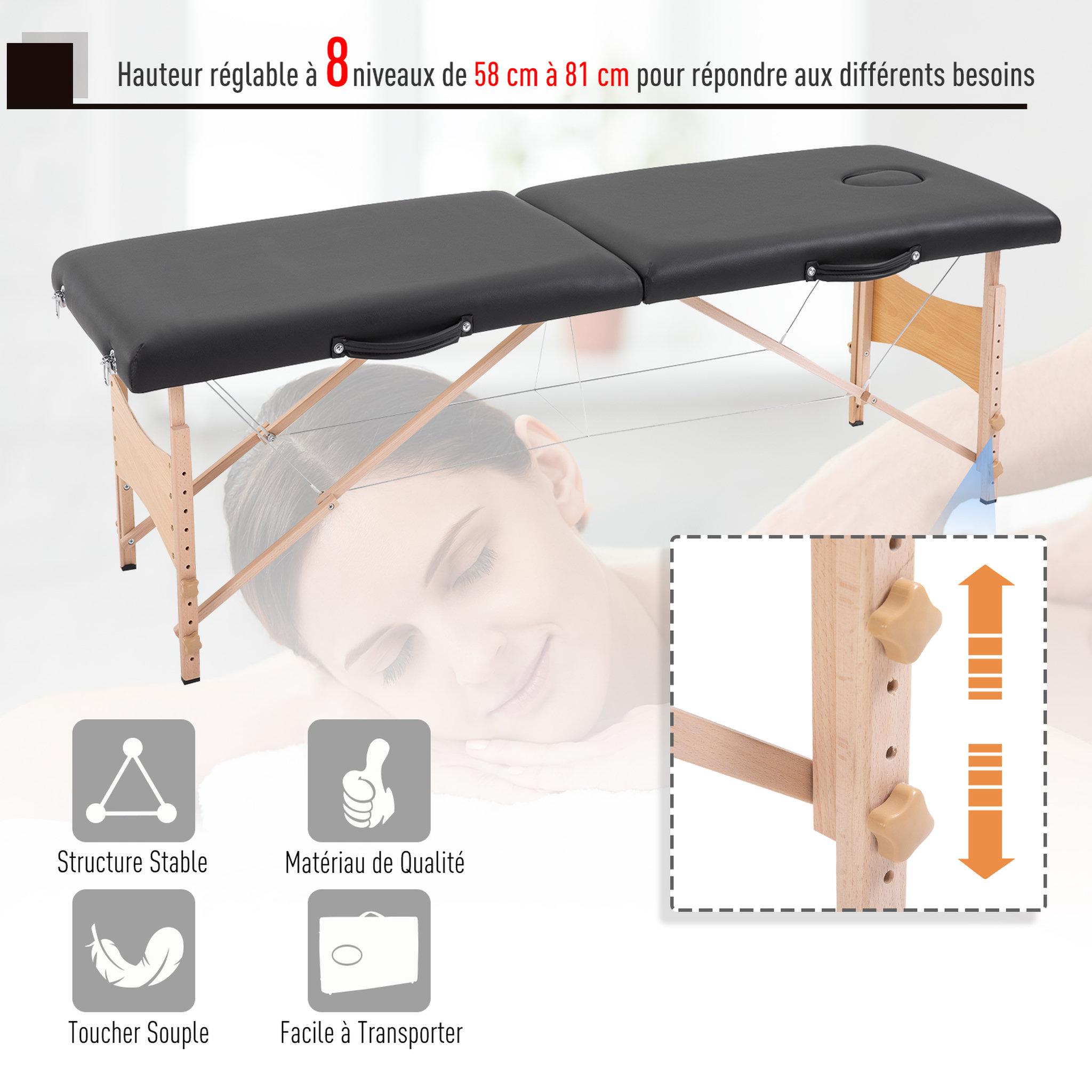 Voir la diapositive 6 : HOMCOM Table de massage pliante lit table de beauté 2 zones portable sac de tranport inclus hauteur réglable dim. 186L x 60l x 58-81H cm bois massif revêtement synthétique noir
